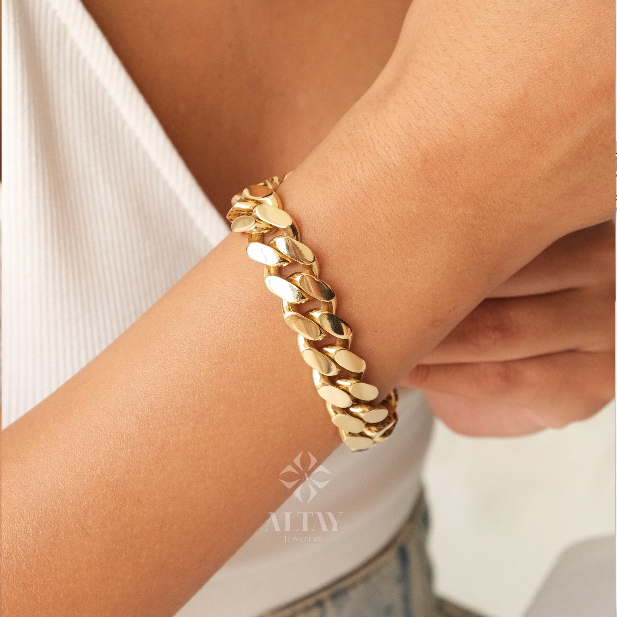 18K Gold 13MM Cuban Link Bracelet, Layering Chain