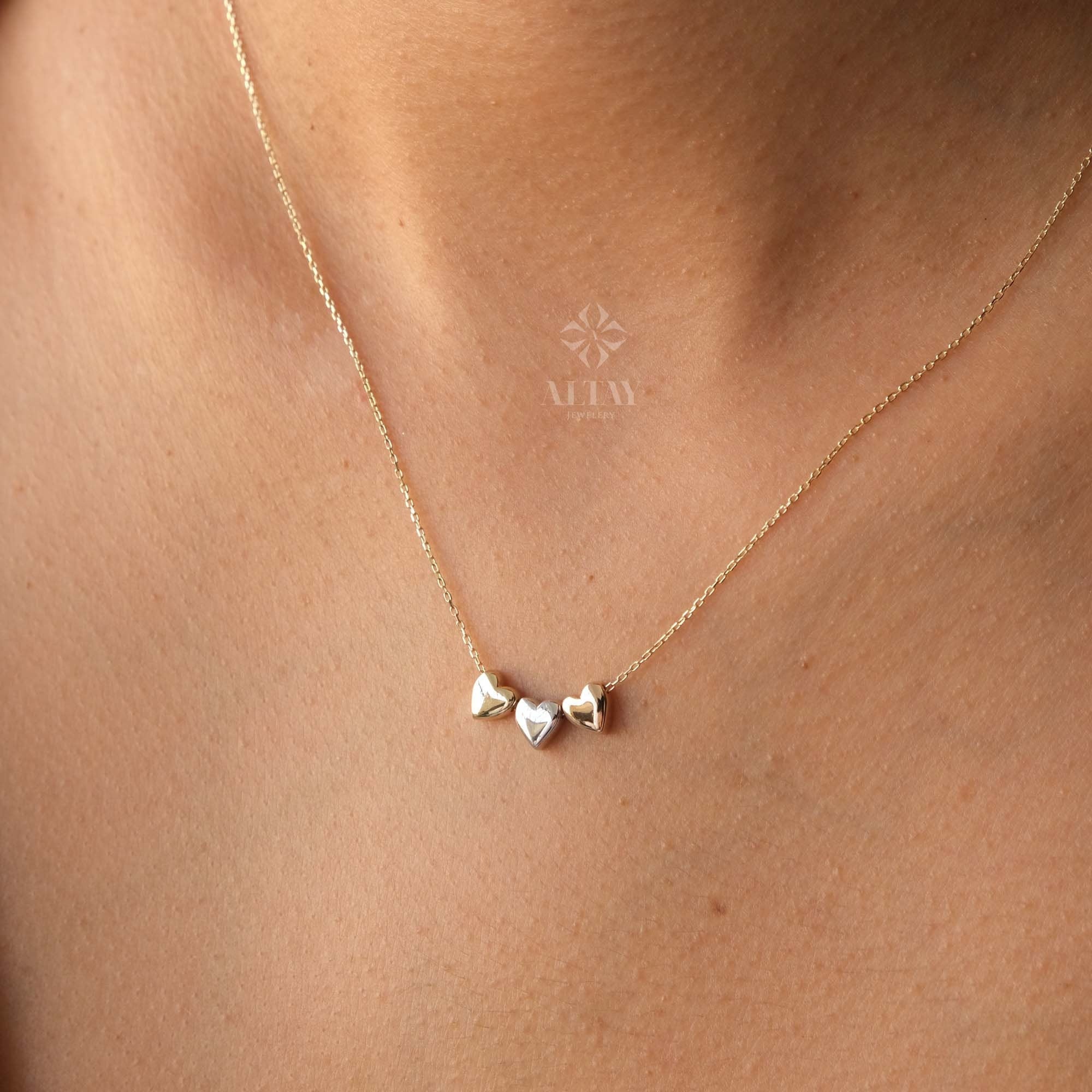 14K Gold Three Heart Necklace, Heart Love Pendant, Tricolor Gold Triple Heart Charm Pendant, Floating Hearts Charm Necklace, All My Heart