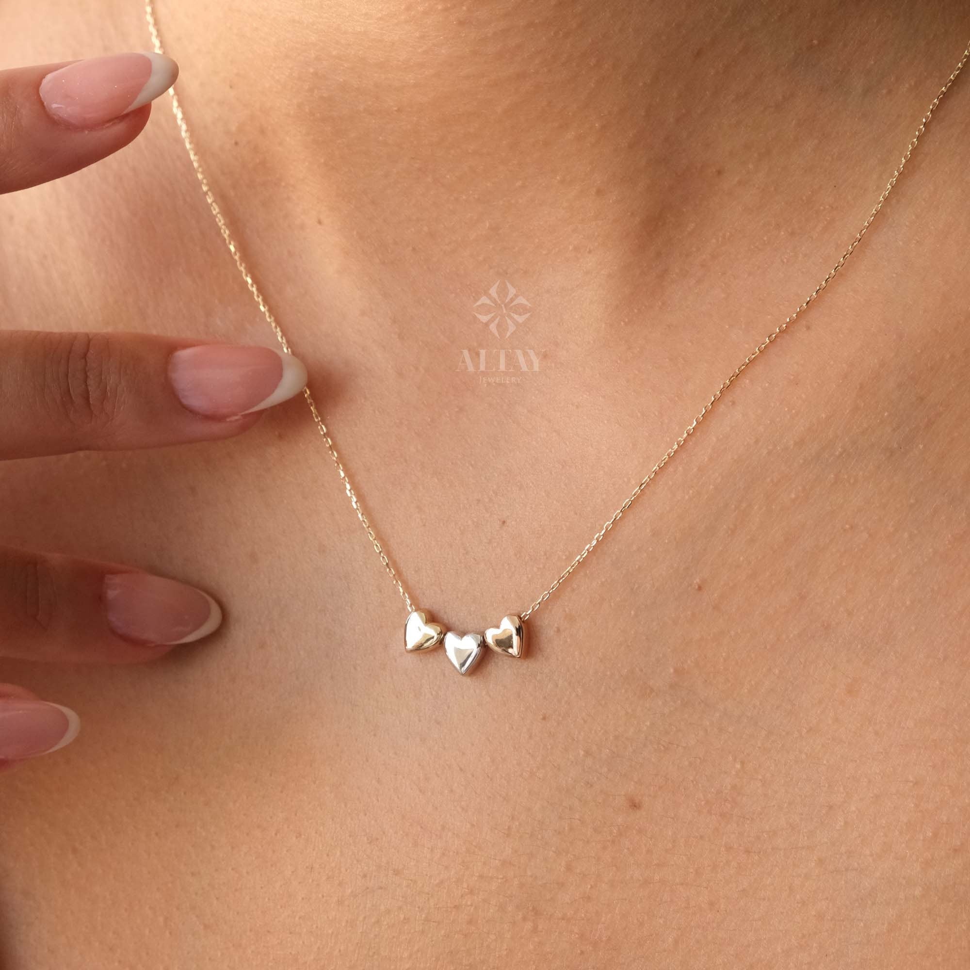 14K Gold Three Heart Necklace, Heart Love Pendant, Tricolor Gold Triple Heart Charm Pendant, Floating Hearts Charm Necklace, All My Heart