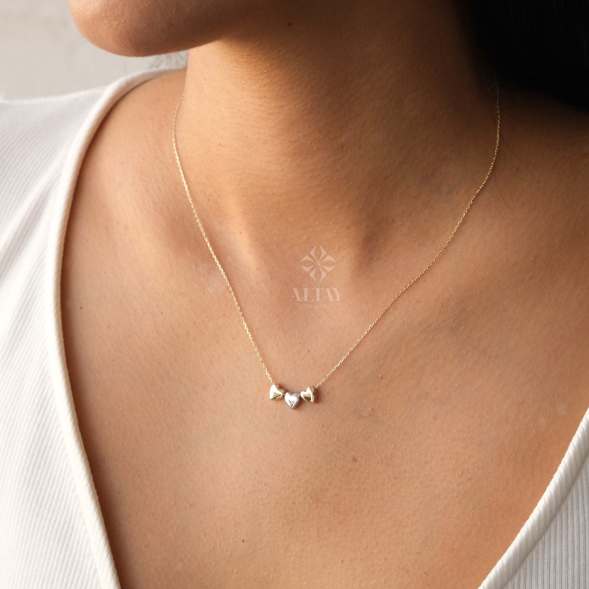 14K Gold Three Heart Necklace, Heart Love Pendant, Tricolor Gold Triple Heart Charm Pendant, Floating Hearts Charm Necklace, All My Heart