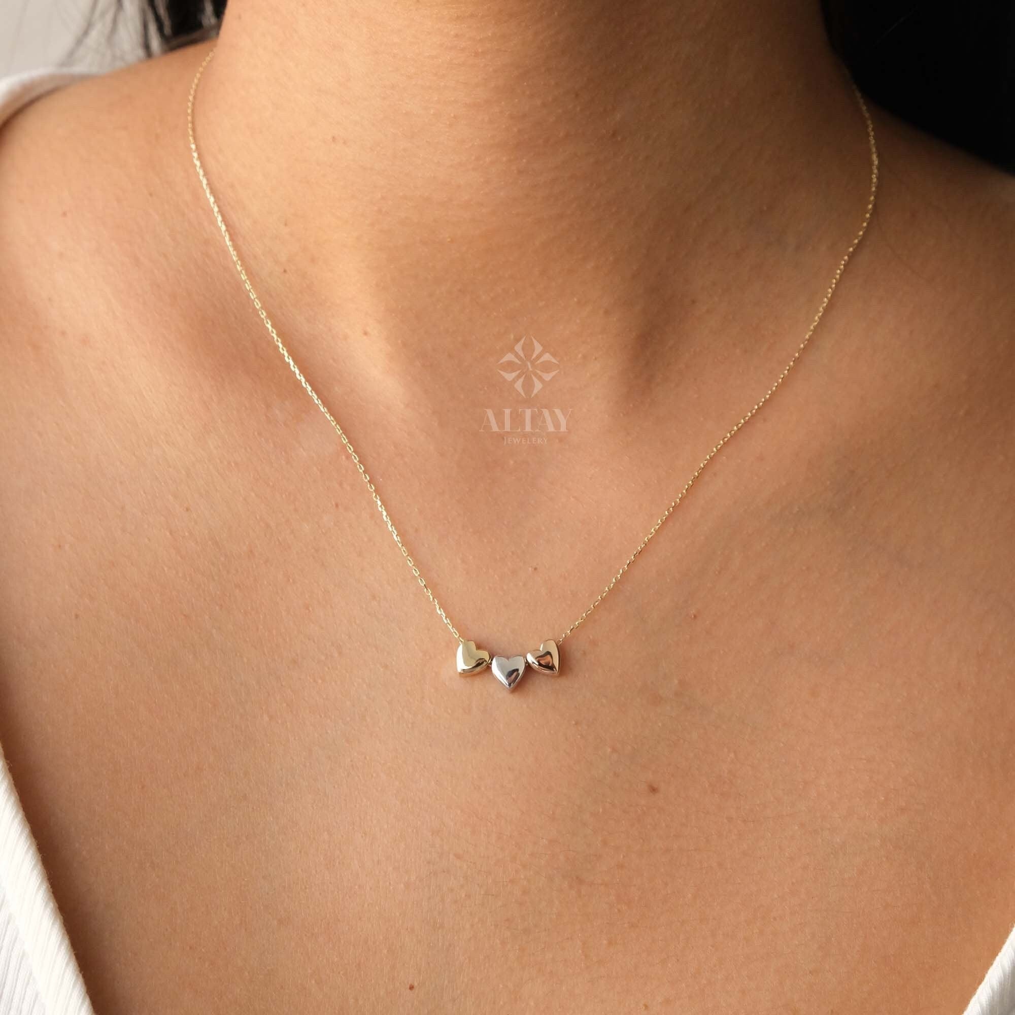 14K Gold Three Heart Necklace, Heart Love Pendant, Tricolor Gold Triple Heart Charm Pendant, Floating Hearts Charm Necklace, All My Heart