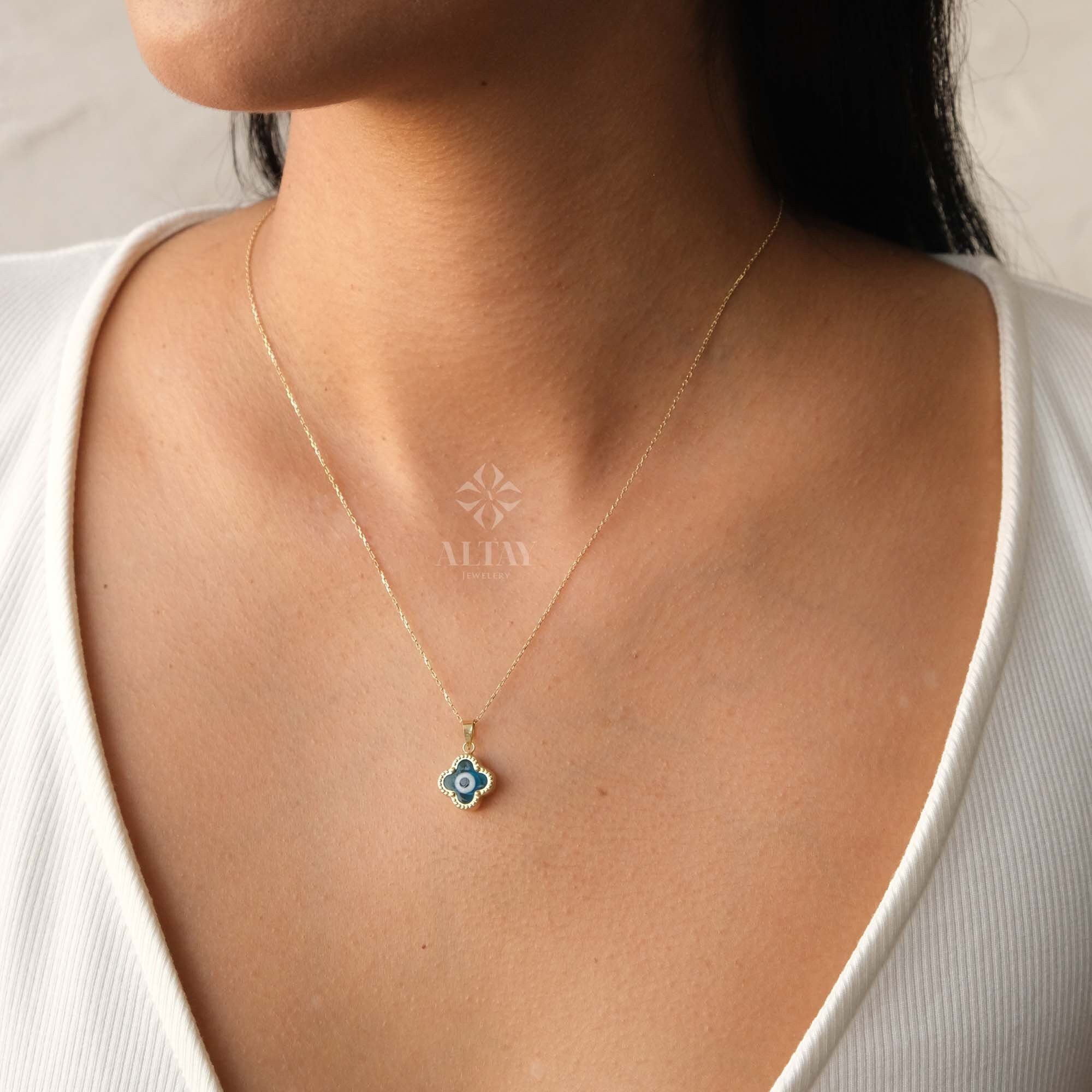 14K Gold Evil Eye Necklace, Clover Evil Eye Necklace, Evil Eye Charm Pendant, Hamsa Nazar Necklace, Lucky Clover Necklace, Women Necklace