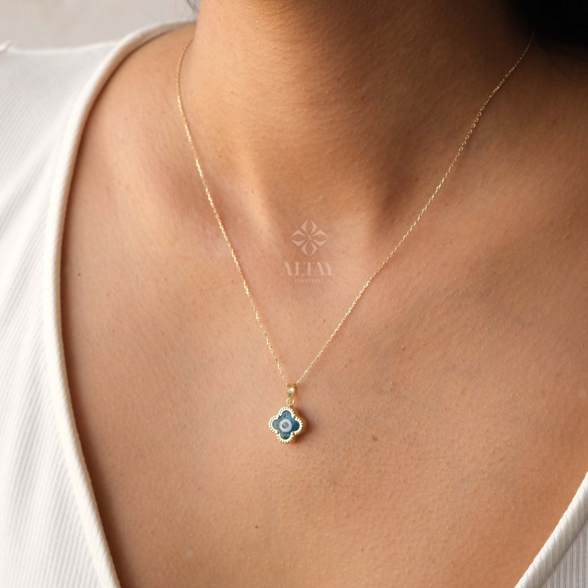 14K Gold Evil Eye Necklace, Clover Evil Eye Necklace, Evil Eye Charm Pendant, Hamsa Nazar Necklace, Lucky Clover Necklace, Women Necklace