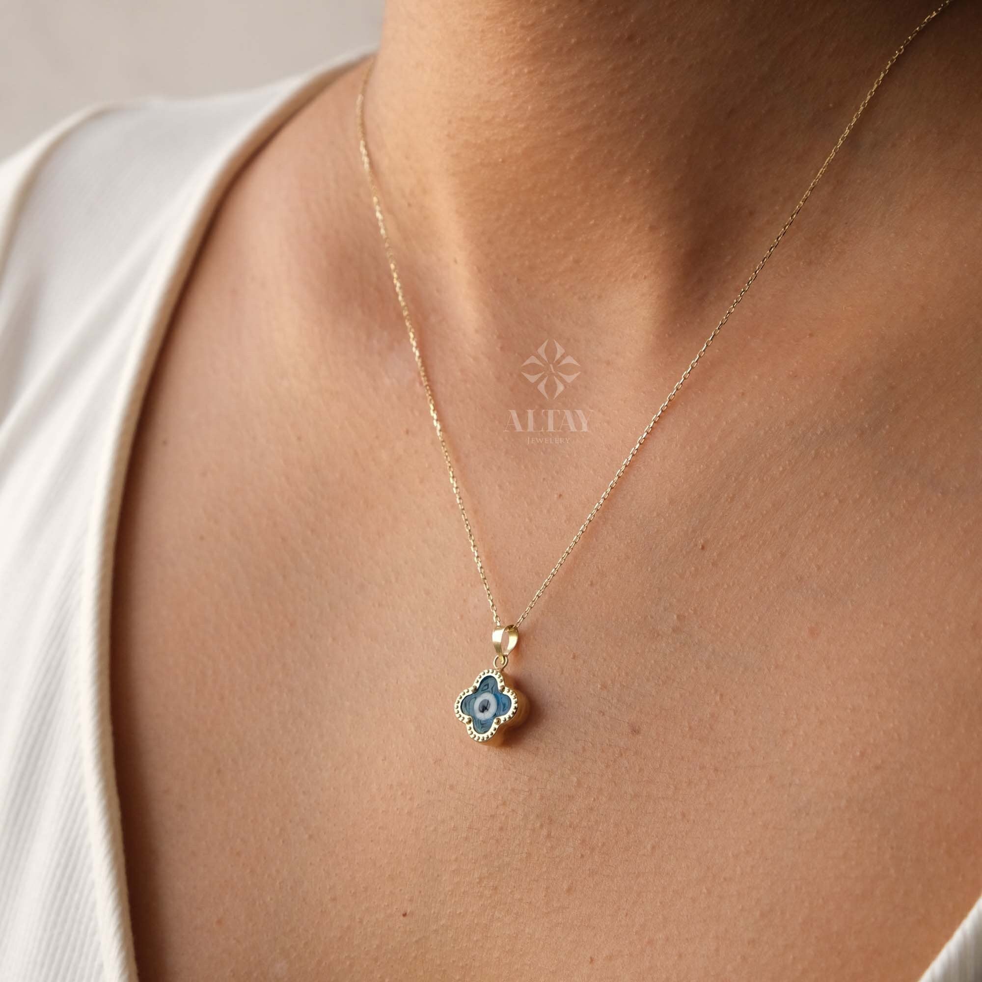 14K Gold Evil Eye Necklace, Clover Evil Eye Necklace, Evil Eye Charm Pendant, Hamsa Nazar Necklace, Lucky Clover Necklace, Women Necklace