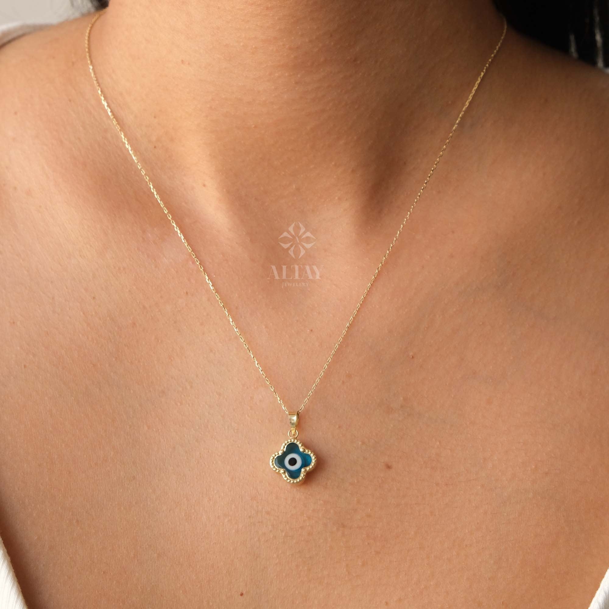 14K Gold Evil Eye Necklace, Clover Evil Eye Necklace, Evil Eye Charm Pendant, Hamsa Nazar Necklace, Lucky Clover Necklace, Women Necklace