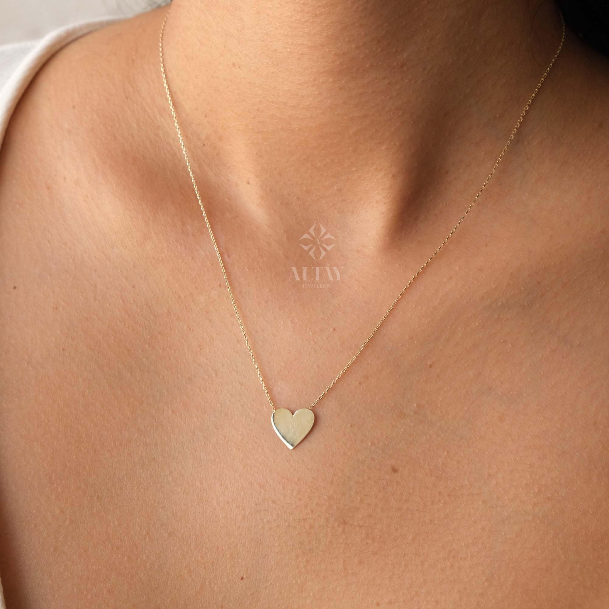 14K Gold Heart Necklace, Custom Heart Necklace, Personalized Gold Necklace, Heart Charm Pendant, Gold Love Necklace, Engrevable Charm