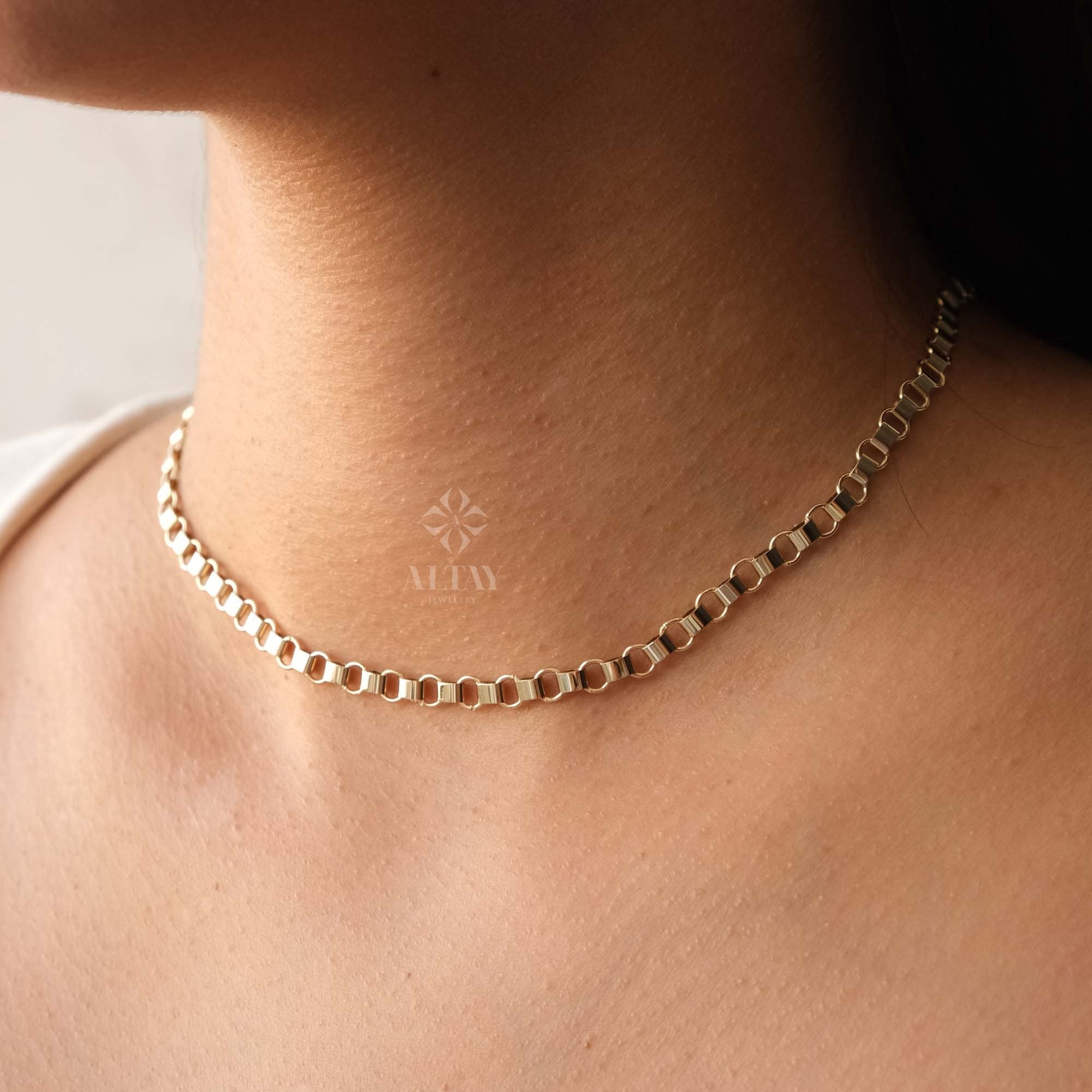 14K Gold Rolo Chain Necklace, 5mm Gold Link Belcher Chain Choker, Belt Link Charm Necklace, Minimal Delicate Round Necklace, Woman, Man