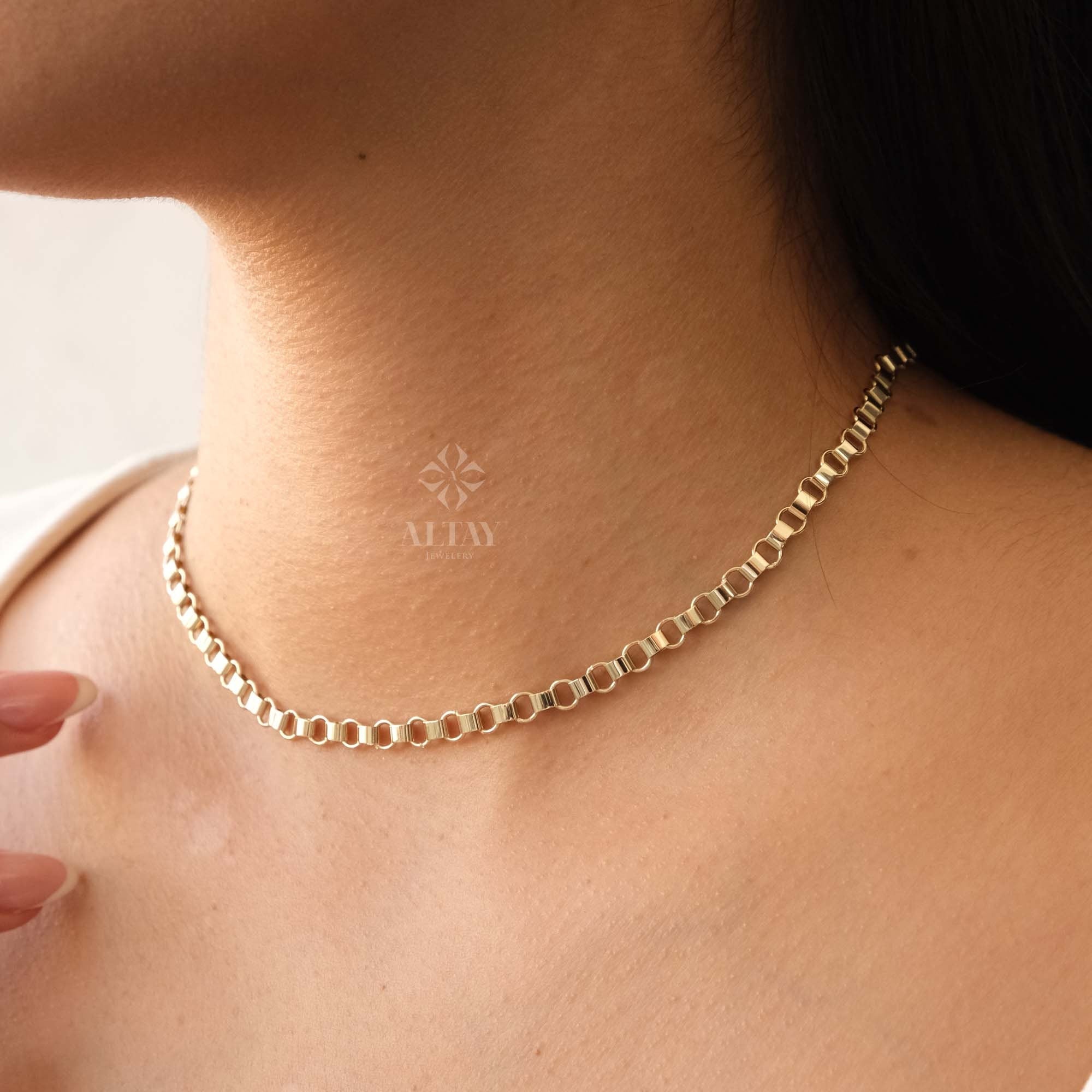 14K Gold Rolo Chain Necklace, 5mm Gold Link Belcher Chain Choker, Belt Link Charm Necklace, Minimal Delicate Round Necklace, Woman, Man