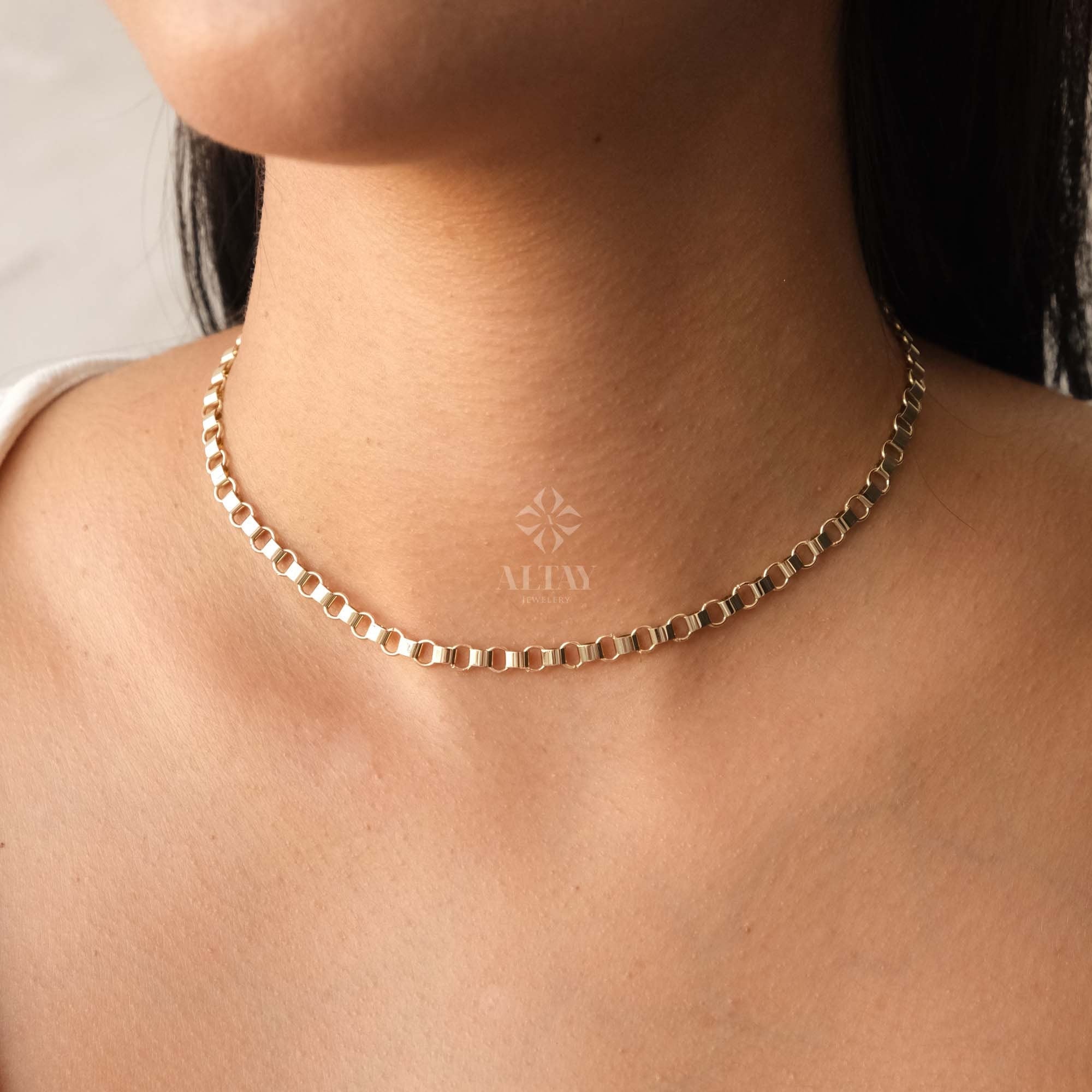 14K Gold Rolo Chain Necklace, 5mm Gold Link Belcher Chain Choker, Belt Link Charm Necklace, Minimal Delicate Round Necklace, Woman, Man