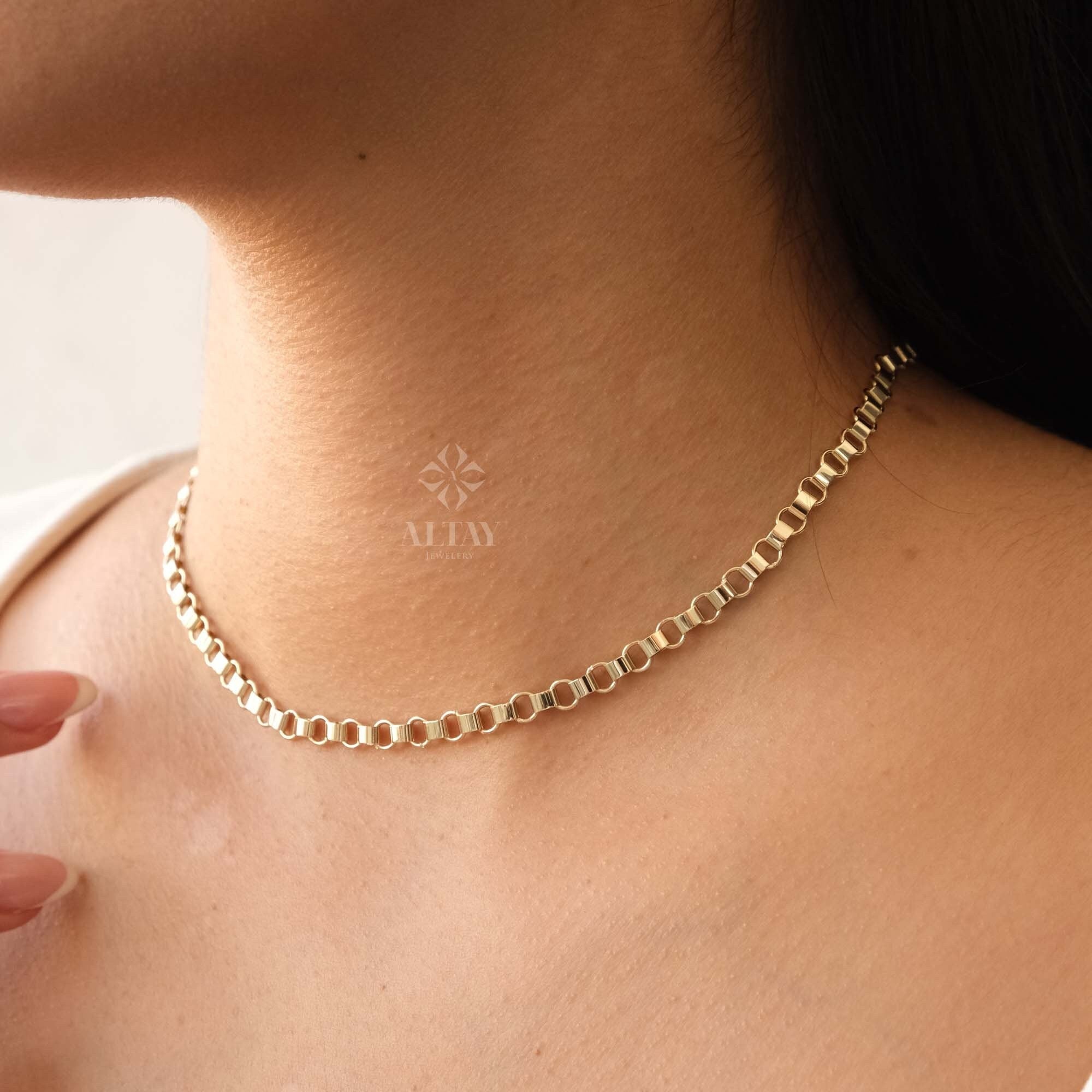 14K Gold Rolo Chain Necklace, 5mm Gold Link Belcher Chain Choker, Belt Link Charm Necklace, Minimal Delicate Round Necklace, Woman, Man