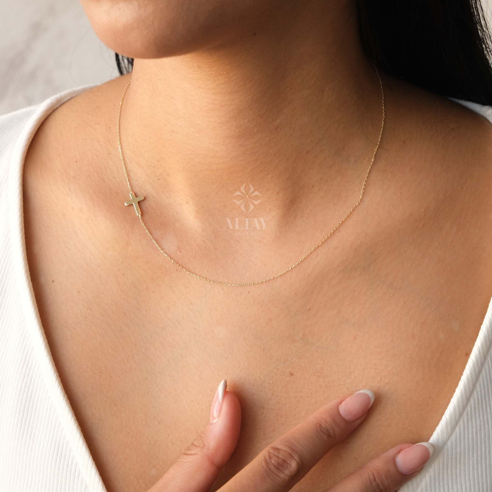 14K Gold Sideways Cross Necklace, Dainty Gold Cross Charm, Jesus Christ Religious Jewelry, Christening Baptism Gift, Tiny Cross Pendant