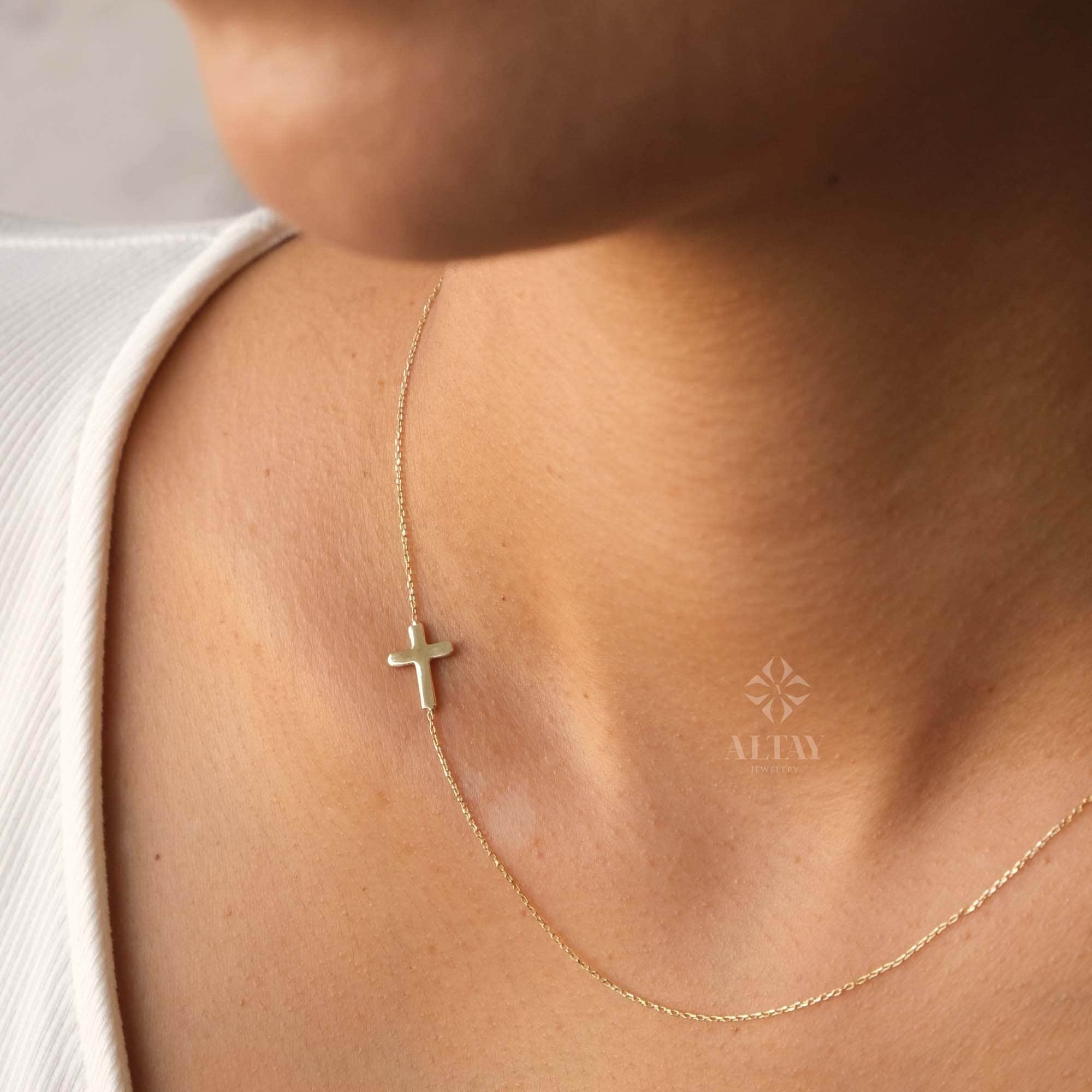14K Gold Sideways Cross Necklace, Dainty Gold Cross Charm, Jesus Christ Religious Jewelry, Christening Baptism Gift, Tiny Cross Pendant