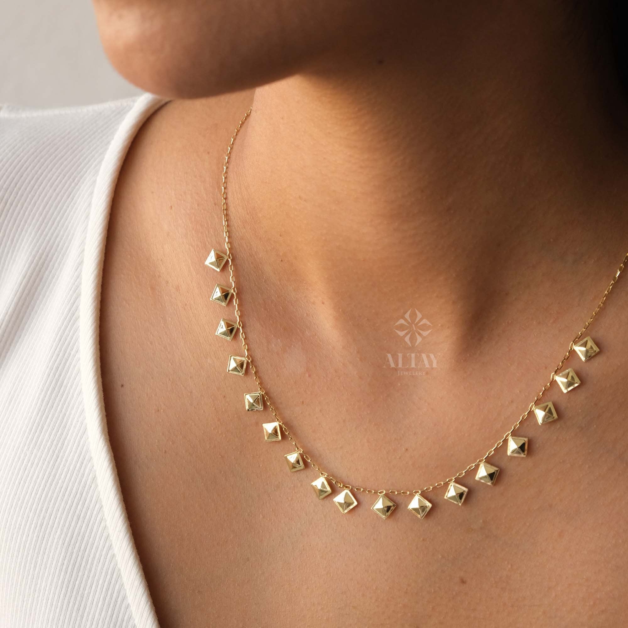 14K Gold Dangling Square Disc Necklace, Tiny Plate Necklace, Dangling Kite Station Necklace, Multi Dot Charm Choker Necklace, Christmas Gift
