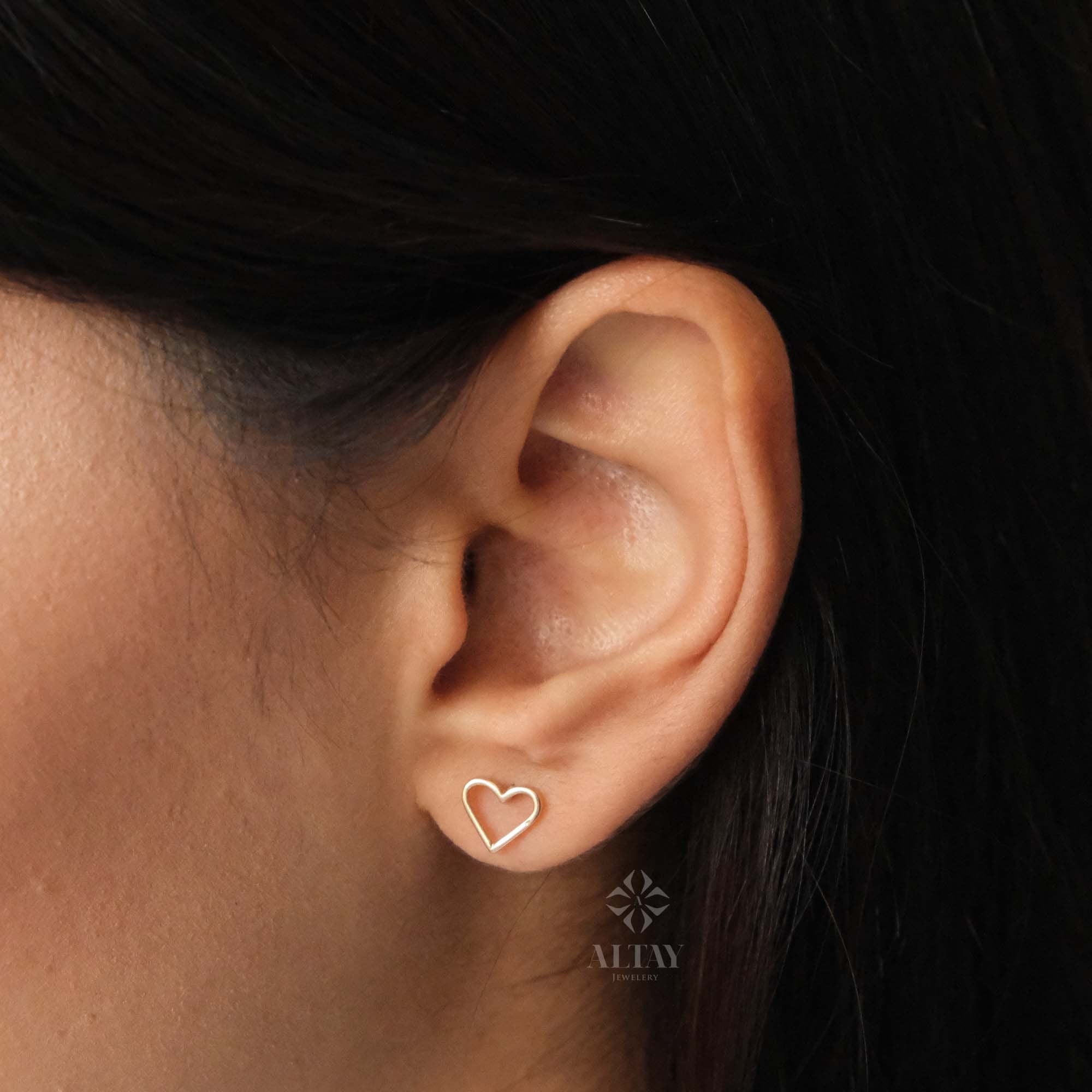 14K Gold Heart Stud Earrings, Open Heart Earrings, Mini Love Earrings Stacking Gold Earrings, Gifts for Daughter, Valentine's Gift for Her