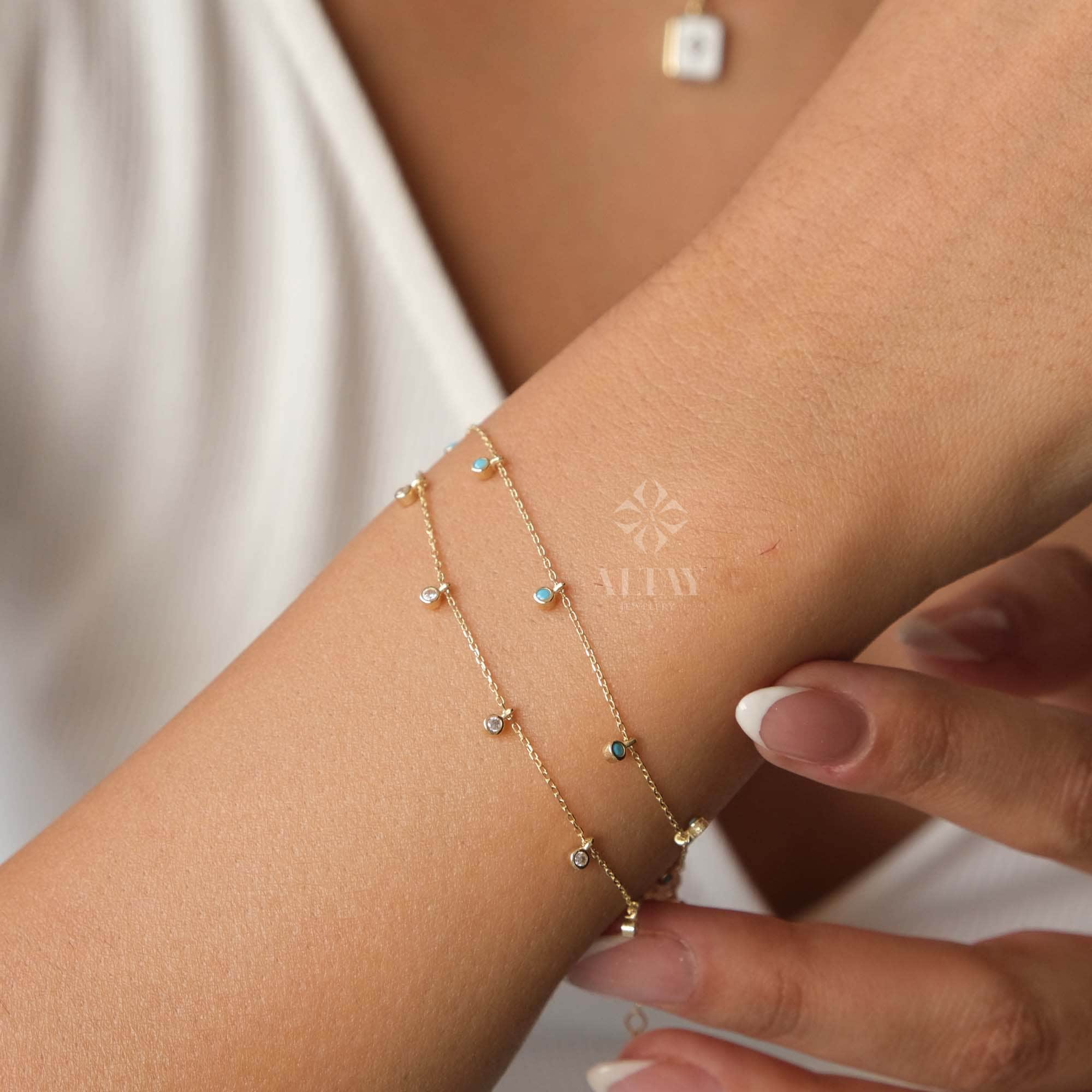 14K Gold Dangling Beaded Bracelet, Bezel Stone Station Bracelet, Colorful Satellite Bracelet, Turquoise Stone, Gold Bracelet for Women