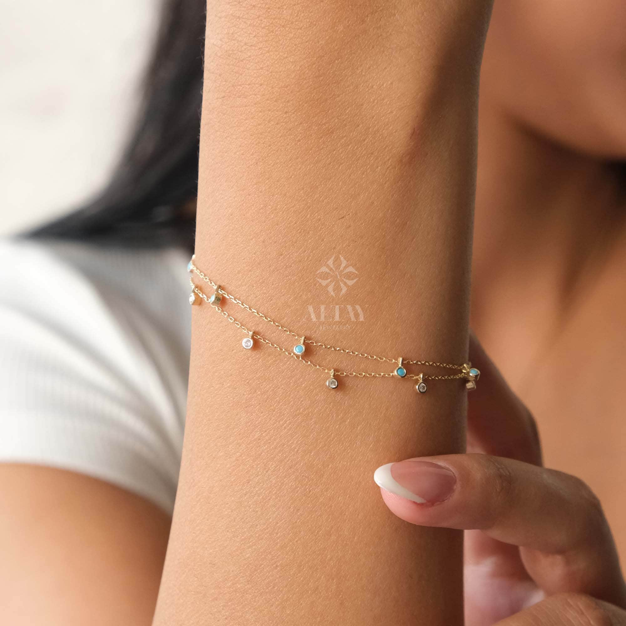 14K Gold Dangling Beaded Bracelet, Bezel Stone Station Bracelet, Colorful Satellite Bracelet, Turquoise Stone, Gold Bracelet for Women