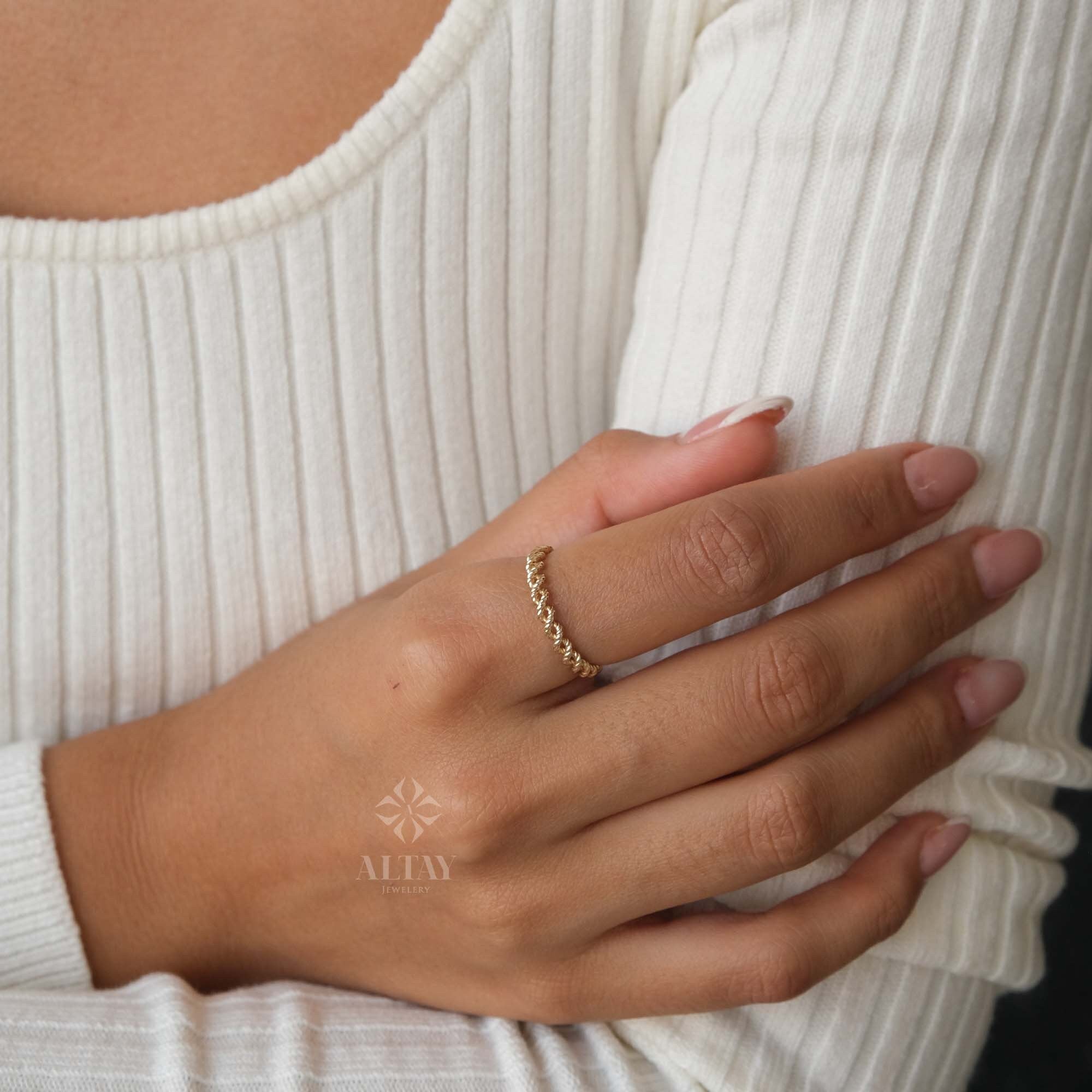 14K Gold Twist Ring, Croissant Braided 3mm Ring, Gold Rope Statement Ring, Twisted Diamond Cut Line Ring, Fine Jewelry, Gift For Her