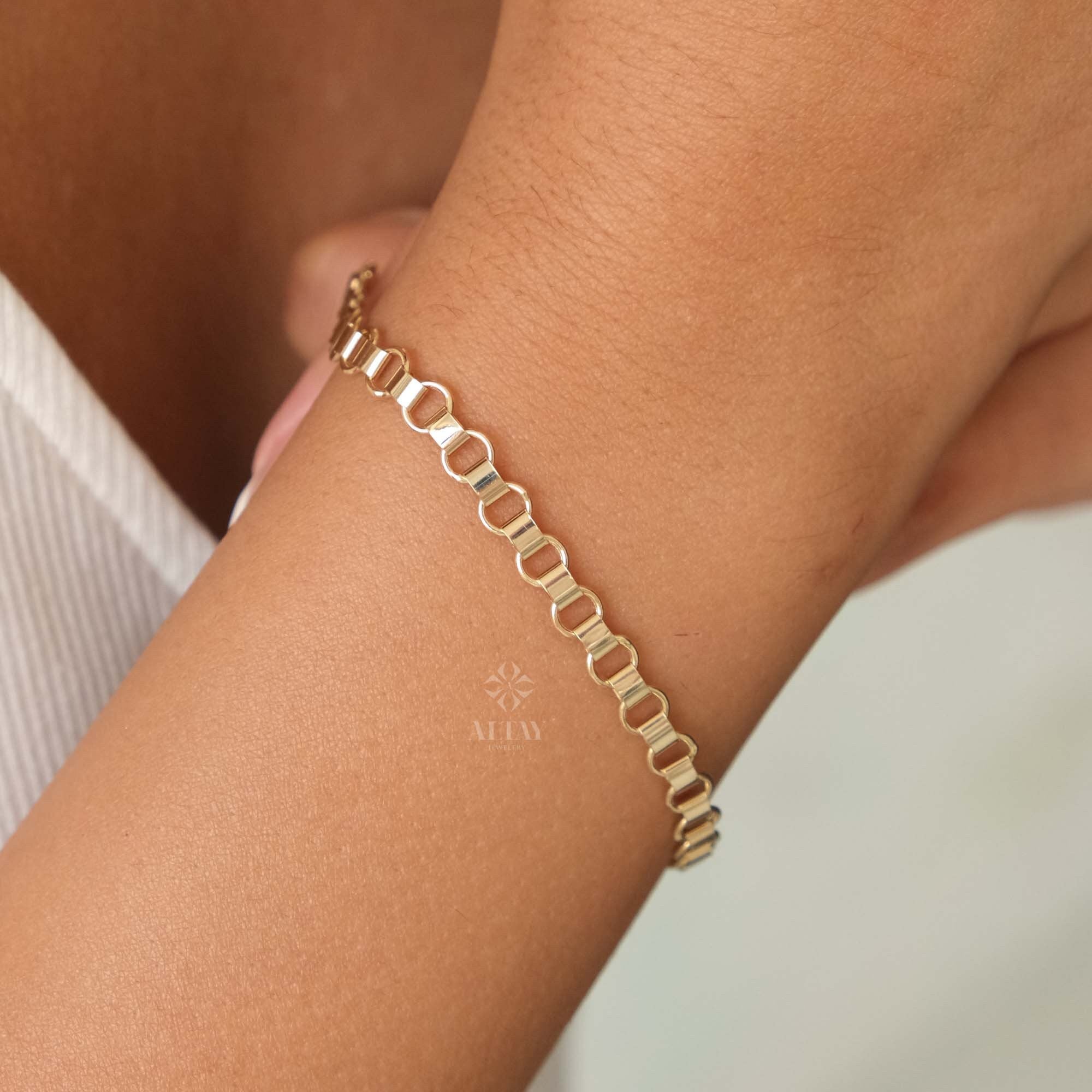 14K Gold Rolo Chain Bracelet, 5mm Gold Link Belcher Chain Bracelet, Belt Link Charm Bracelet, Minimal Delicate Round Bracelet, Women, Men