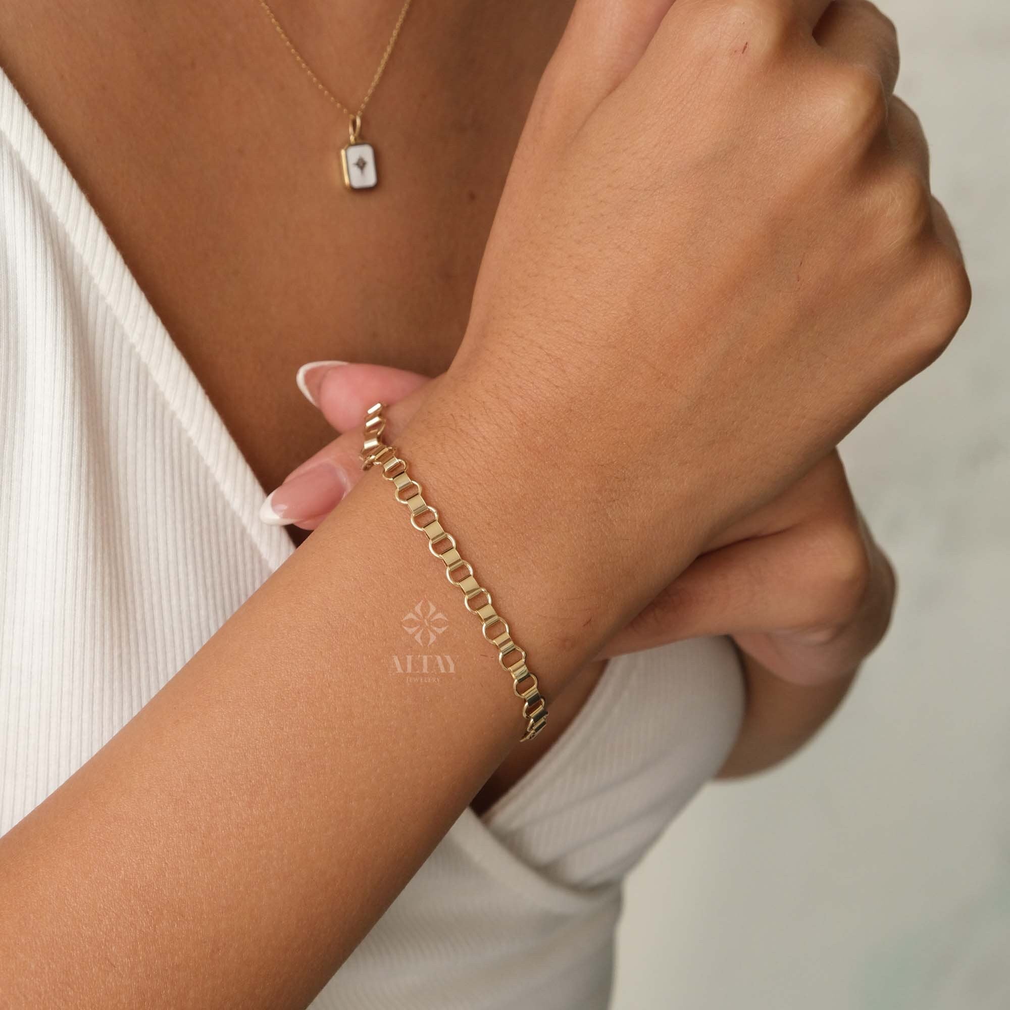 14K Gold Rolo Chain Bracelet, 5mm Gold Link Belcher Chain Bracelet, Belt Link Charm Bracelet, Minimal Delicate Round Bracelet, Women, Men