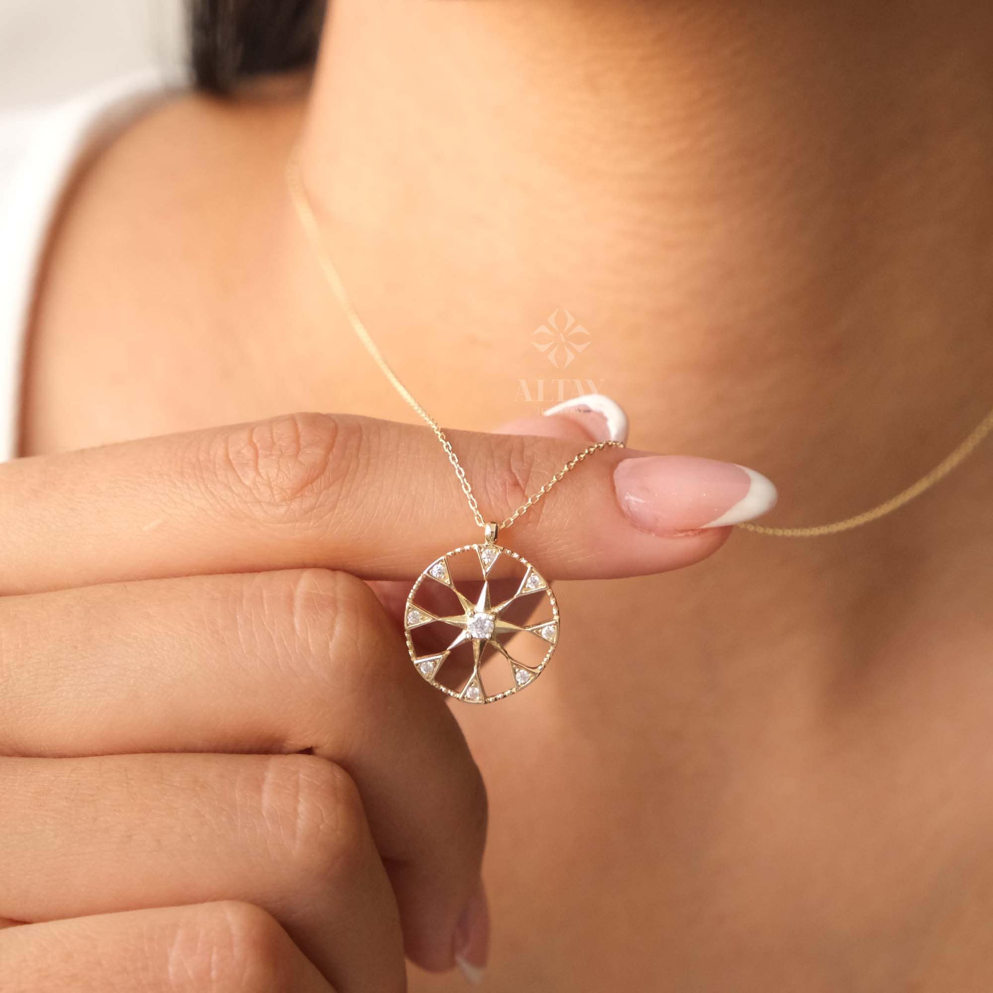 14K Gold Compass Necklace, Polaris Necklace, Travel Necklace, Personalized Compass, Custom North Star Pendant, Celestial Charm Necklace