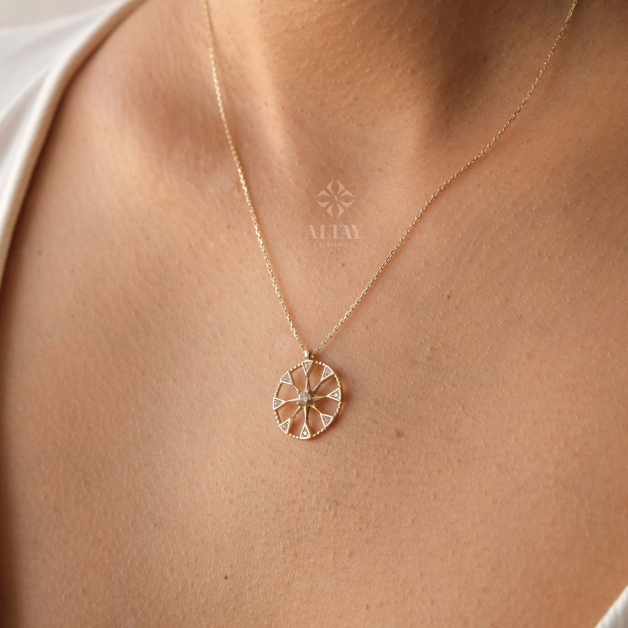 14K Gold Compass Necklace, Polaris Necklace, Travel Necklace, Personalized Compass, Custom North Star Pendant, Celestial Charm Necklace