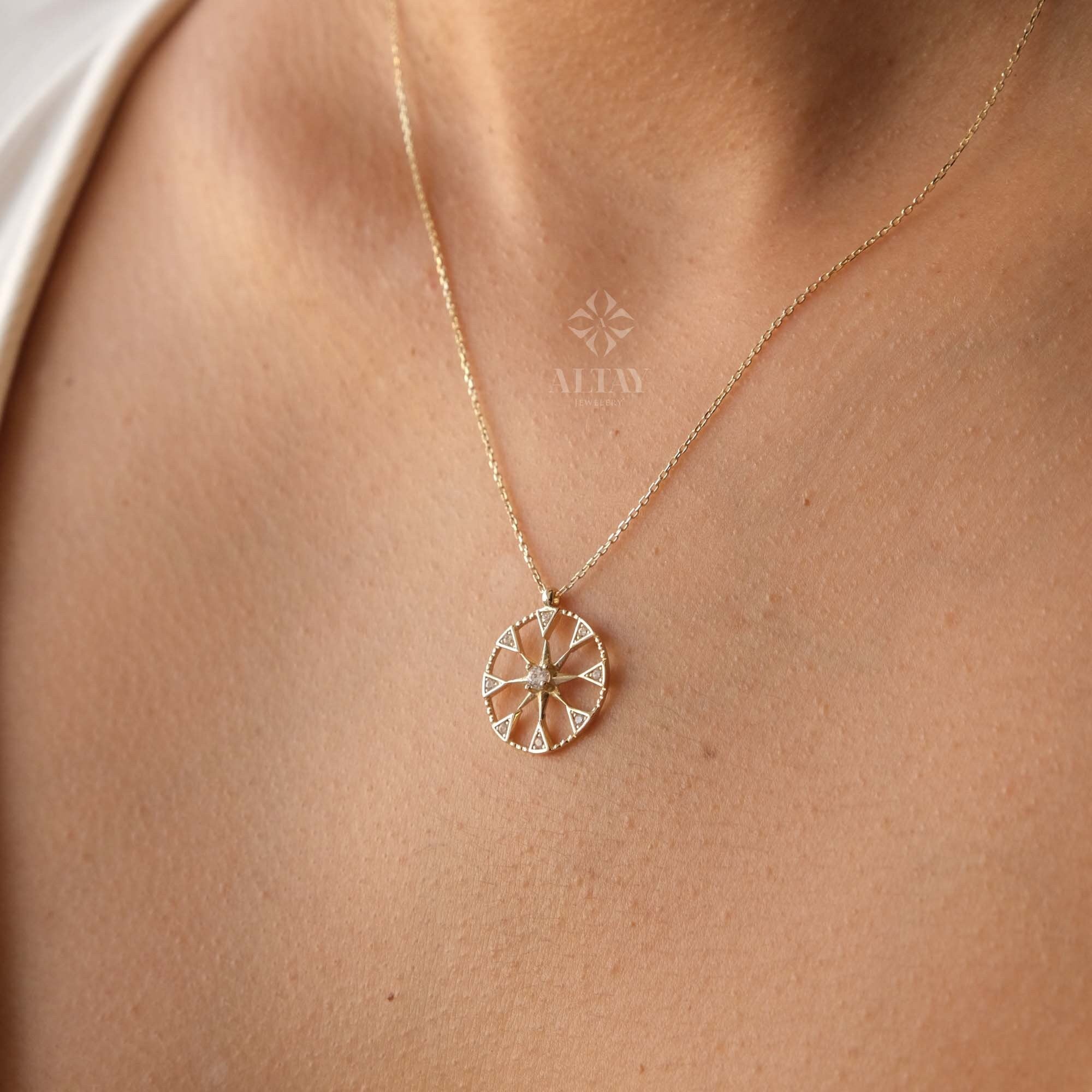 14K Gold Compass Necklace, Polaris Necklace, Travel Necklace, Personalized Compass, Custom North Star Pendant, Celestial Charm Necklace