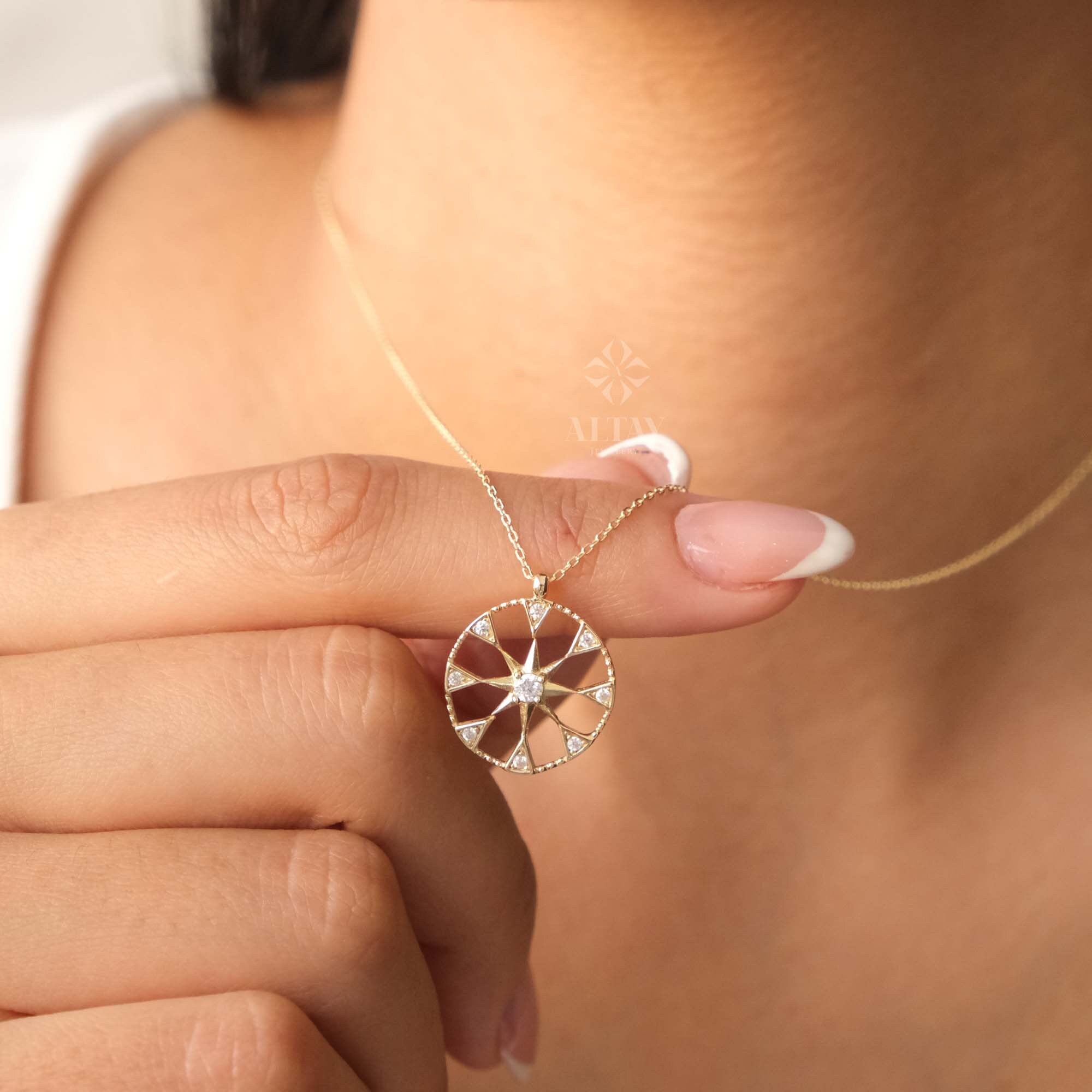14K Gold Compass Necklace, Polaris Necklace, Travel Necklace, Personalized Compass, Custom North Star Pendant, Celestial Charm Necklace