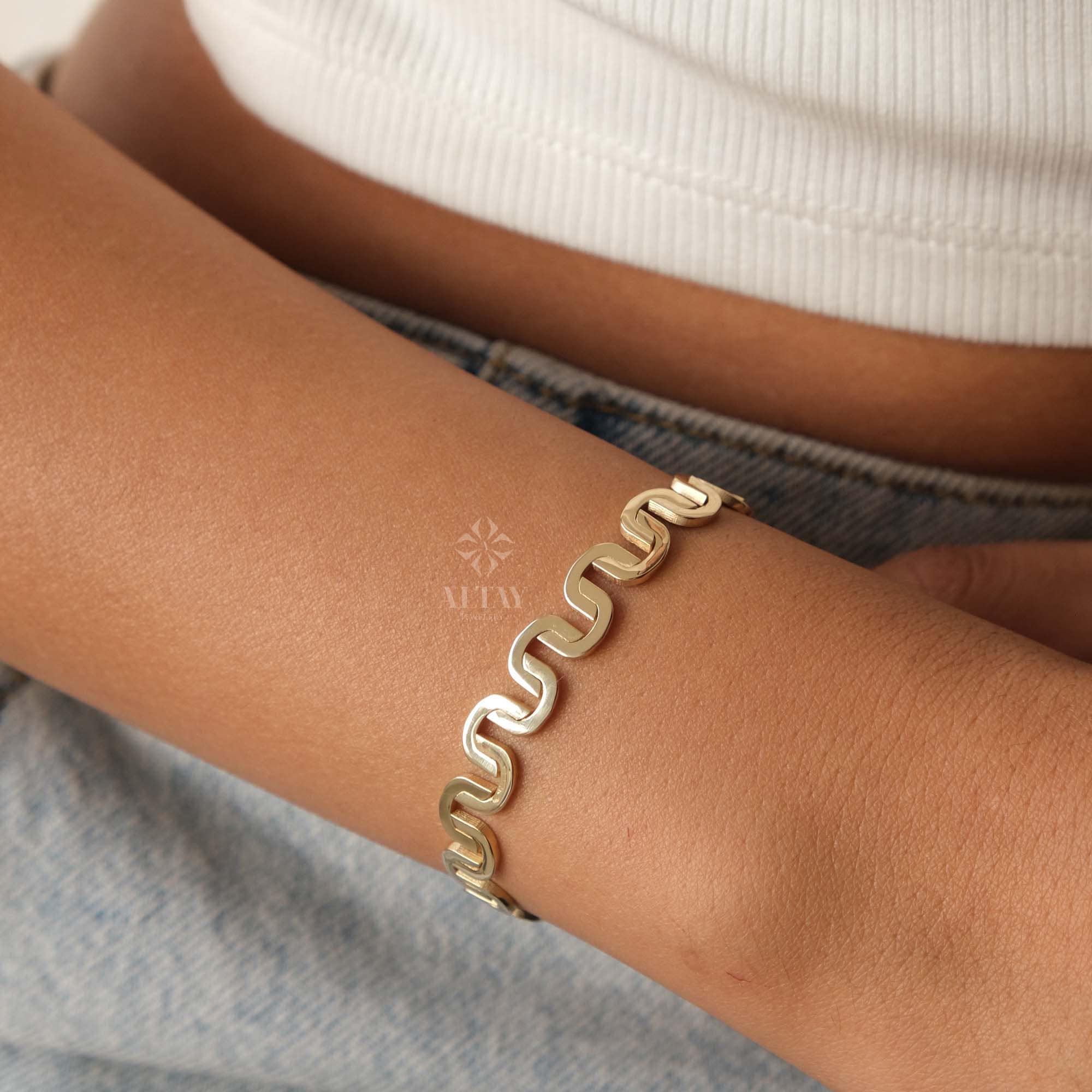 14K Gold Zigzag Bangle Bracelet, Thick Stackable Bracelet, Wide Wave Bangle Bracelet, Twisted Wire Stacking Bracelet, Bridal Gift