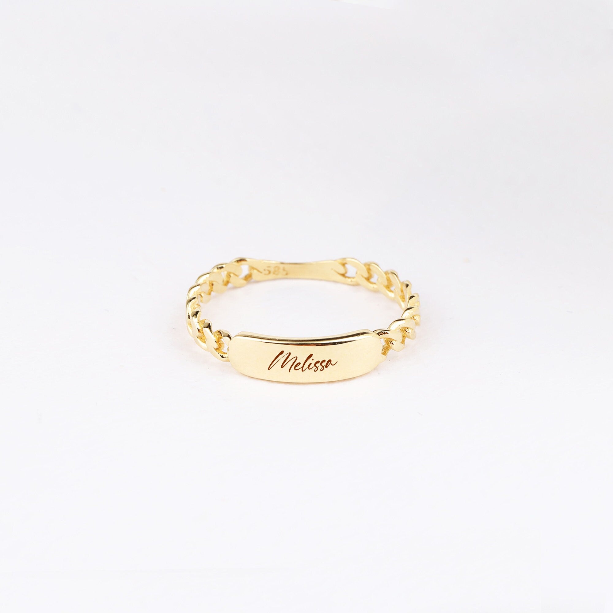 14K Gold Dainty Bar Ring, Cuban Link Ring, Thick Chain Curb Name Ring, Custom Rectangle Ring, Memorial Gold Stacking Ring, Letter Band