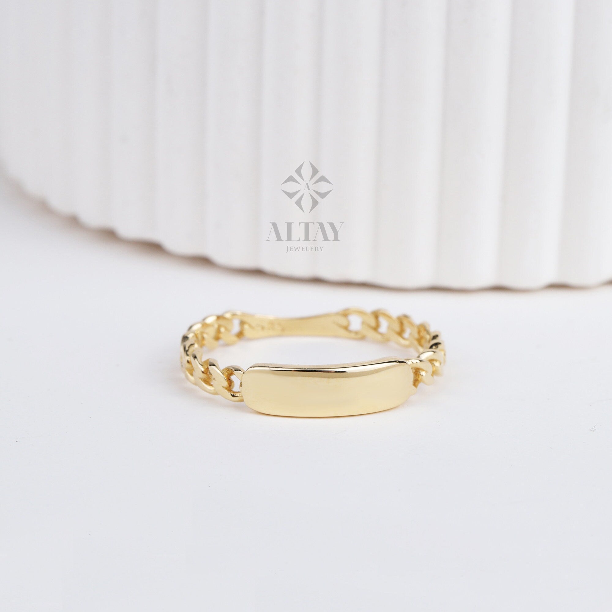14K Gold Dainty Bar Ring, Cuban Link Ring, Thick Chain Curb Name Ring, Custom Rectangle Ring, Memorial Gold Stacking Ring, Letter Band