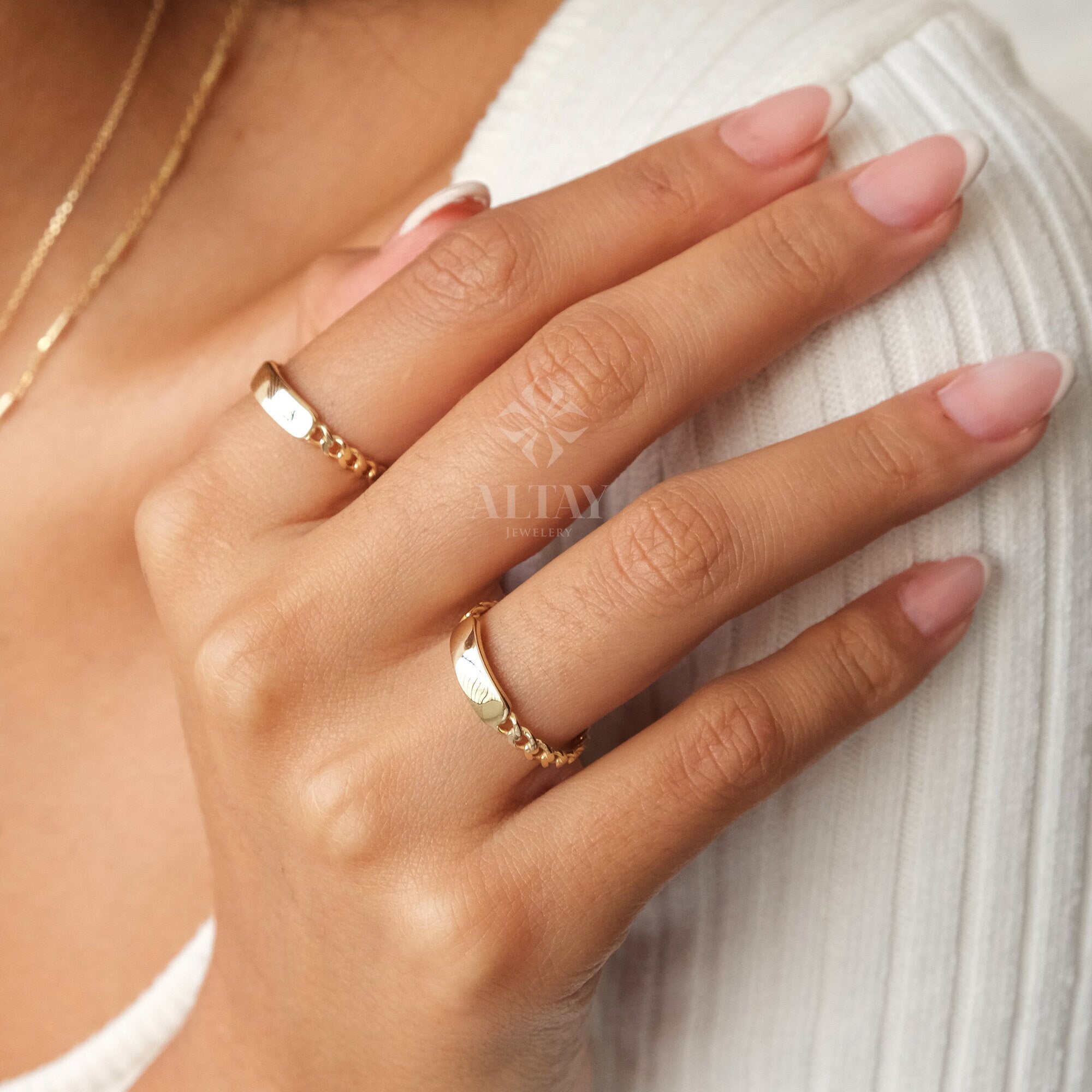 14K Gold Dainty Bar Ring, Cuban Link Ring, Thick Chain Curb Name Ring, Custom Rectangle Ring, Memorial Gold Stacking Ring, Letter Band