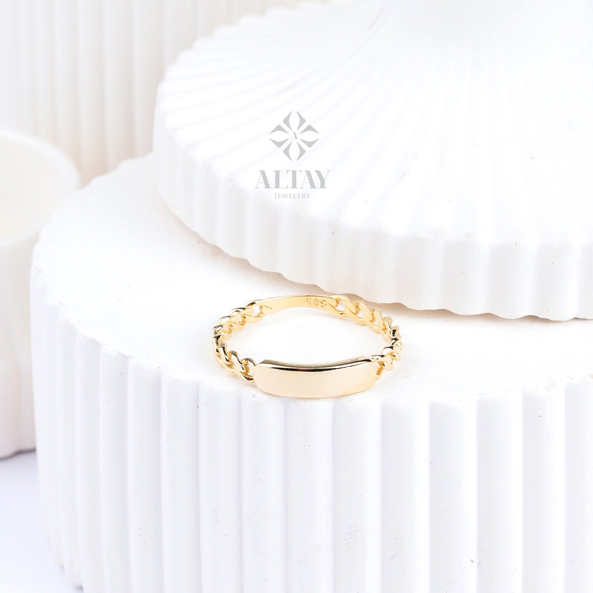 14K Gold Dainty Bar Ring, Cuban Link Ring, Thick Chain Curb Name Ring, Custom Rectangle Ring, Memorial Gold Stacking Ring, Letter Band