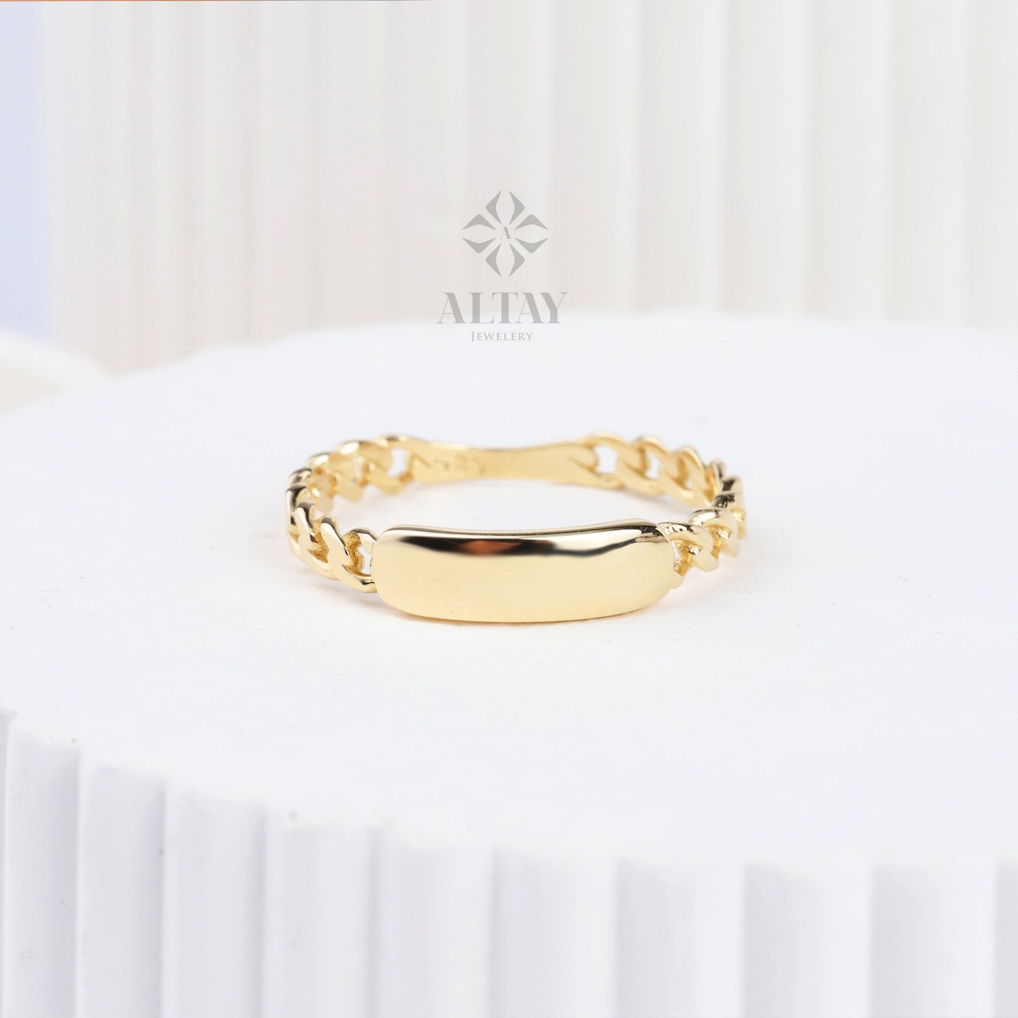 14K Gold Dainty Bar Ring, Cuban Link Ring, Thick Chain Curb Name Ring, Custom Rectangle Ring, Memorial Gold Stacking Ring, Letter Band