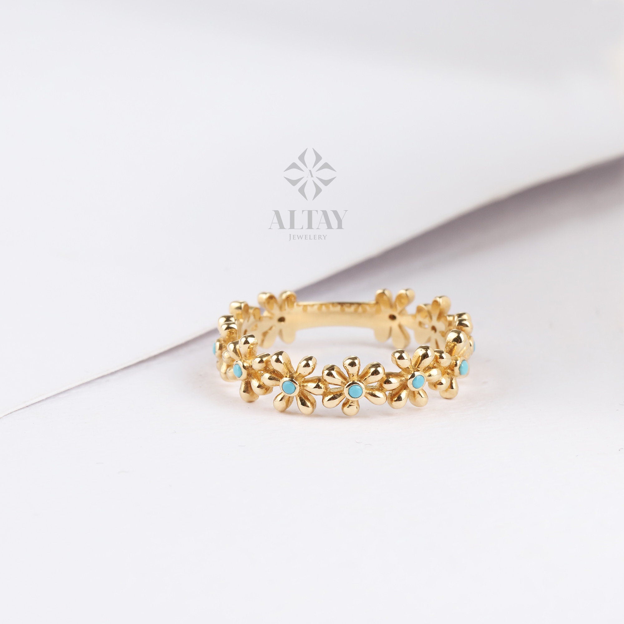 14K Gold Daisy Flower Ring, Blue Stone Floral Band, Dainty Real Gold Stacking Ring, Cute Everyday Jewelry, Gift for Her