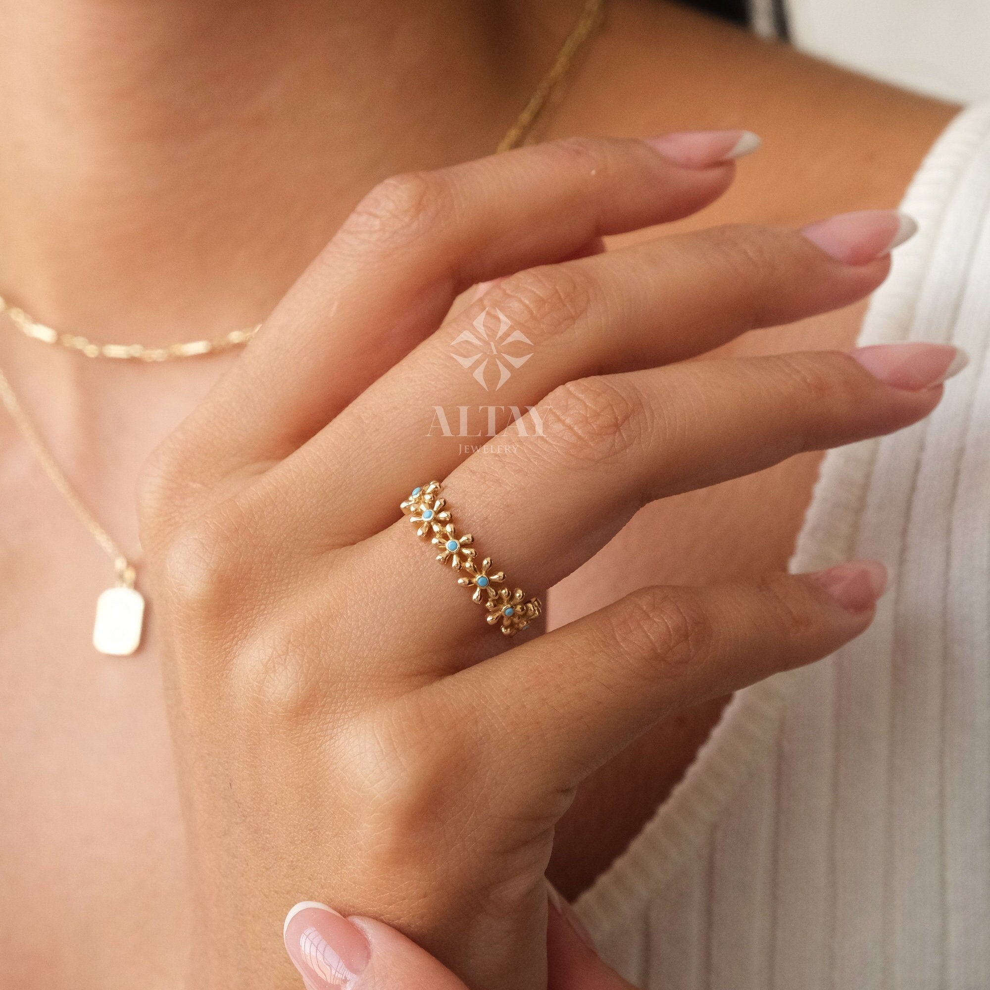 14K Gold Daisy Flower Ring, Blue Stone Floral Band, Dainty Real Gold Stacking Ring, Cute Everyday Jewelry, Gift for Her