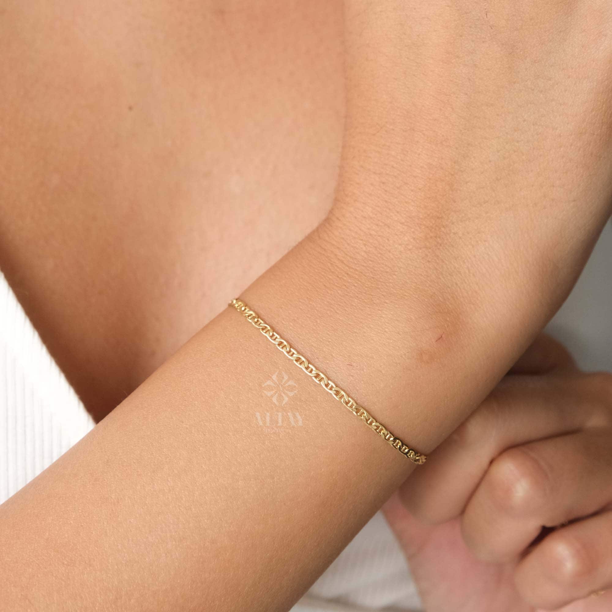 14K Gold Mariner Chain Bracelet, 2mm Mariner Link Chain Bracelet, Anchor Link Bracelet, Flat Mariner Bracelet, Minimalist Stacking Bracelet