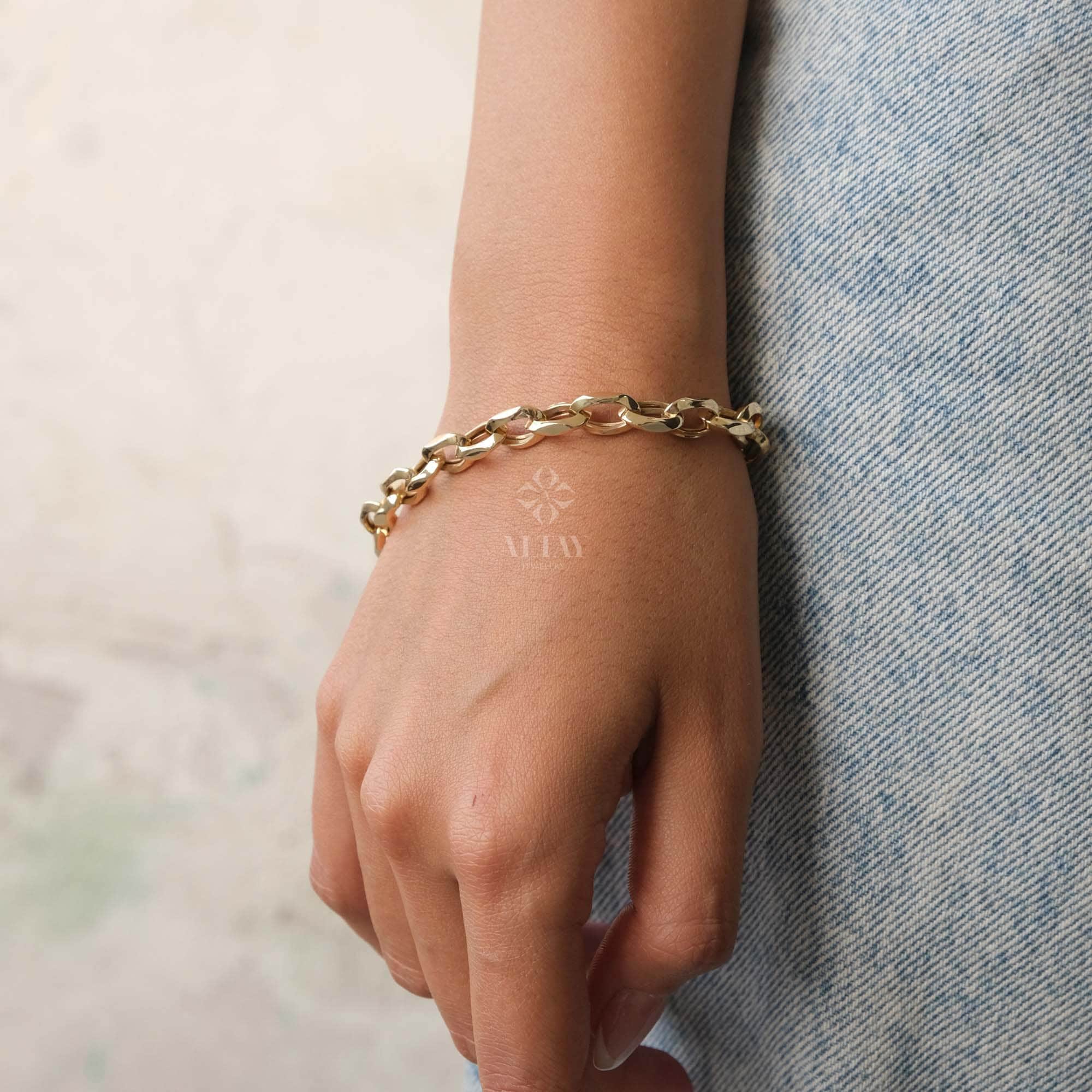 14K Gold Paperclip Rolo Chain Bracelet, Oval Rectangle Paper Clip Chain, Gold Thick Flat Oval Link, Woman Man Gold Bracelet, Rolo Gold Link