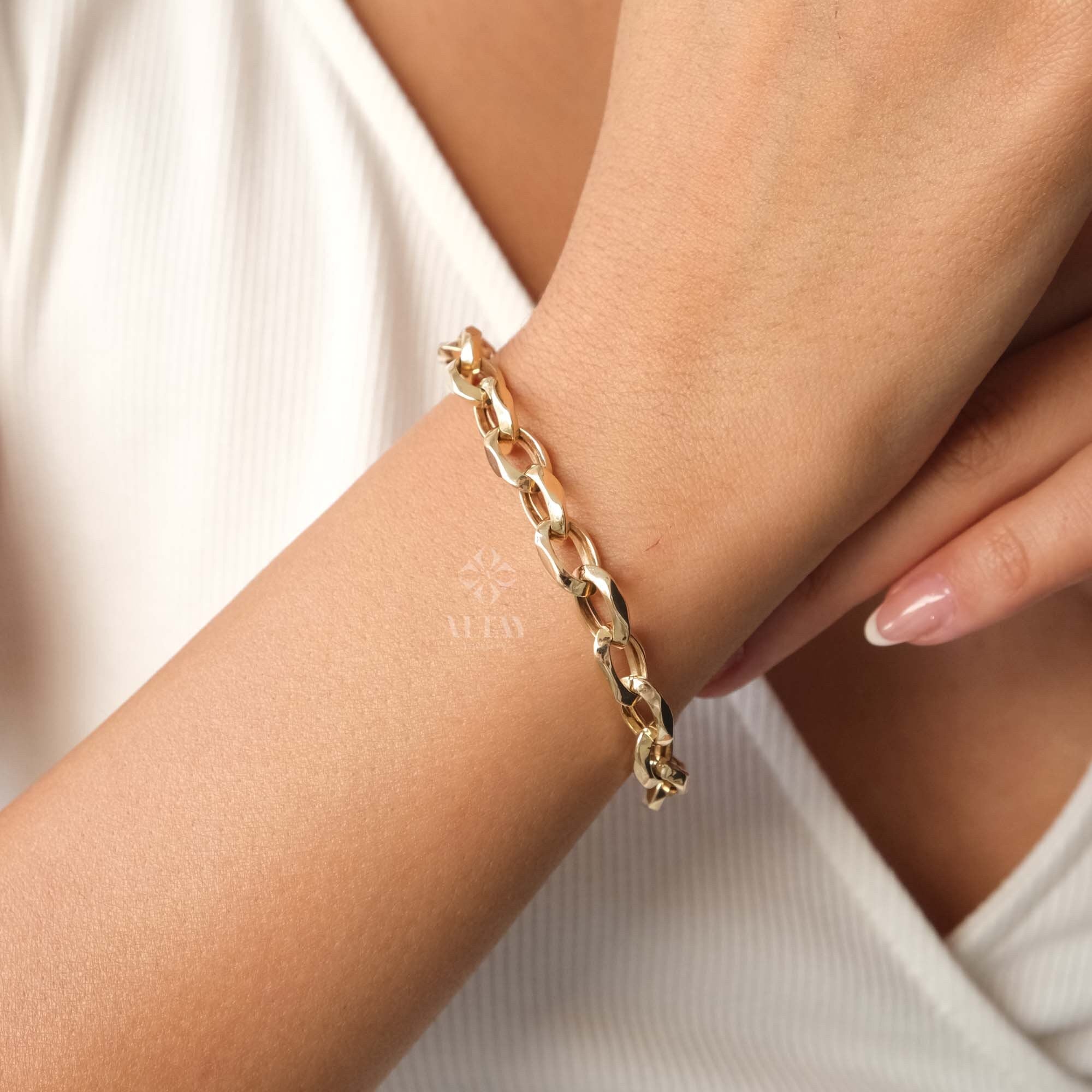 14K Gold Paperclip Rolo Chain Bracelet, Oval Rectangle Paper Clip Chain, Gold Thick Flat Oval Link, Woman Man Gold Bracelet, Rolo Gold Link