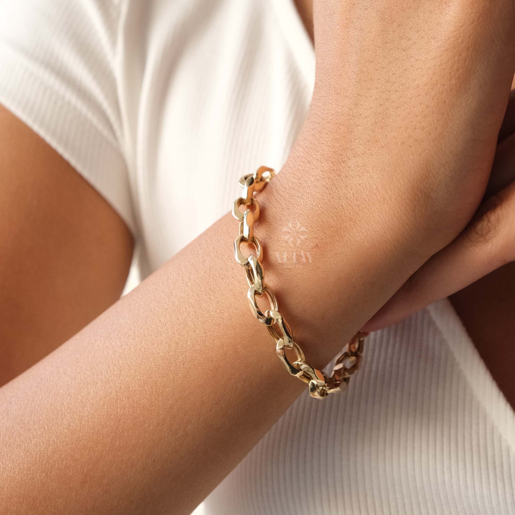 14K Gold Paperclip Rolo Chain Bracelet, Oval Rectangle Paper Clip Chain, Gold Thick Flat Oval Link, Woman Man Gold Bracelet, Rolo Gold Link