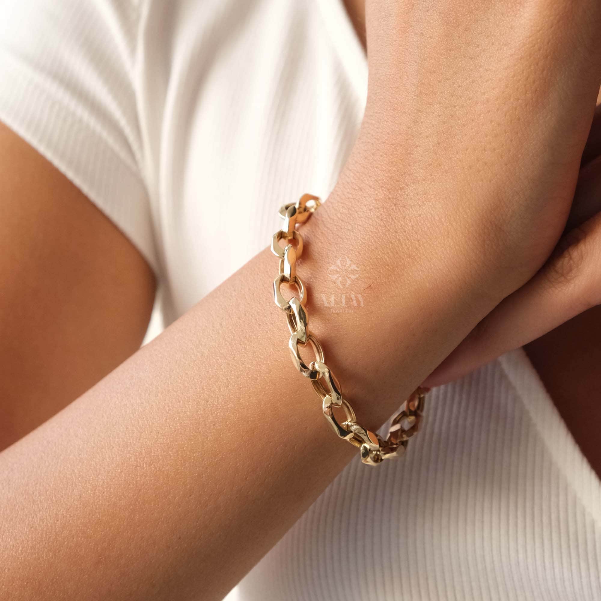 14K Gold Paperclip Rolo Chain Bracelet, Belcher Chain Bracelet, Oval Rectangle Paper Clip Chain, Faced Chain Bracelet, Dainty Gold Bracelet