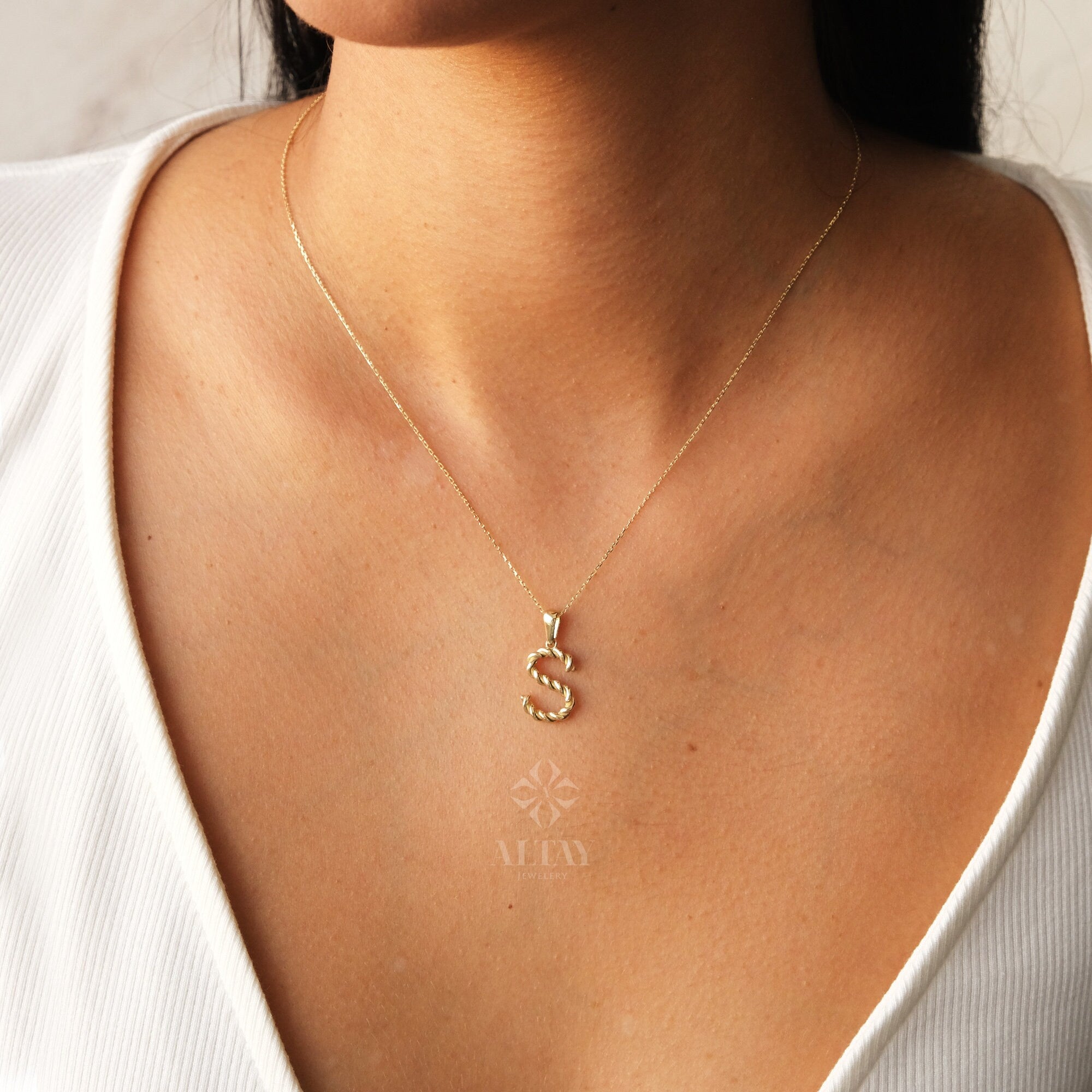 14K Gold Initial Necklace, Rope Gold Letter Necklace, Custom Personalized Necklace, Name Letter Necklace, Initial Charm Pendant, Christmas
