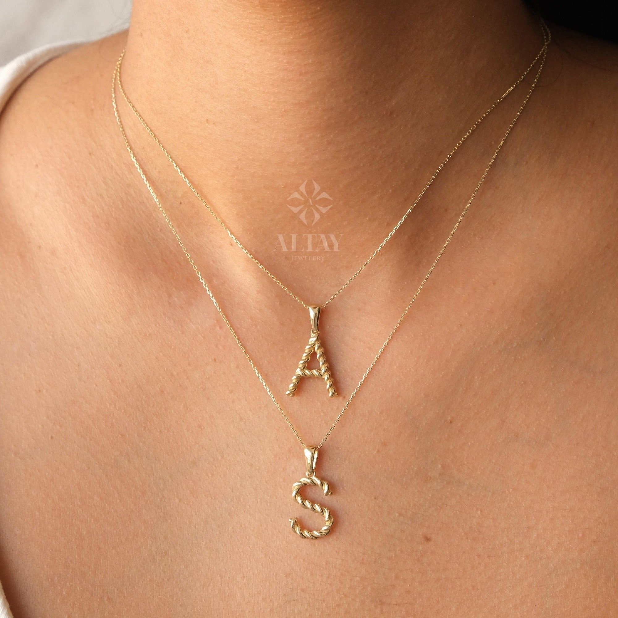 14K Gold Initial Necklace, Rope Gold Letter Necklace, Custom Personalized Necklace, Name Letter Necklace, Initial Charm Pendant, Christmas