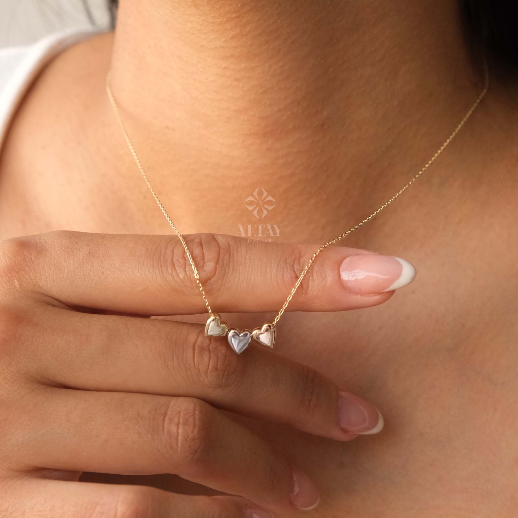 14K Gold Three Heart Necklace, Heart Love Pendant, Tricolor Gold Triple Heart Charm Pendant, Floating Hearts Charm Necklace, All My Heart