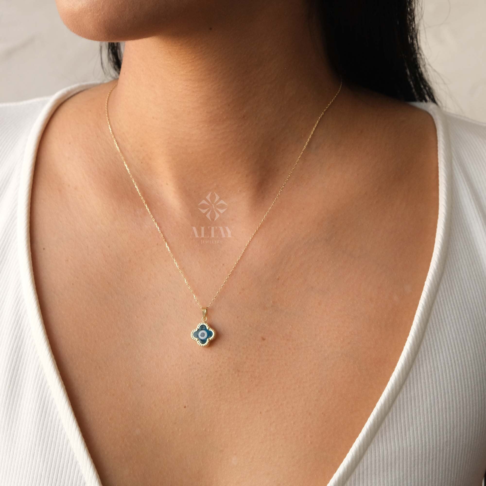 14K Gold Evil Eye Necklace, Clover Evil Eye Necklace, Evil Eye Charm Pendant, Hamsa Nazar Necklace, Lucky Clover Necklace, Women Necklace