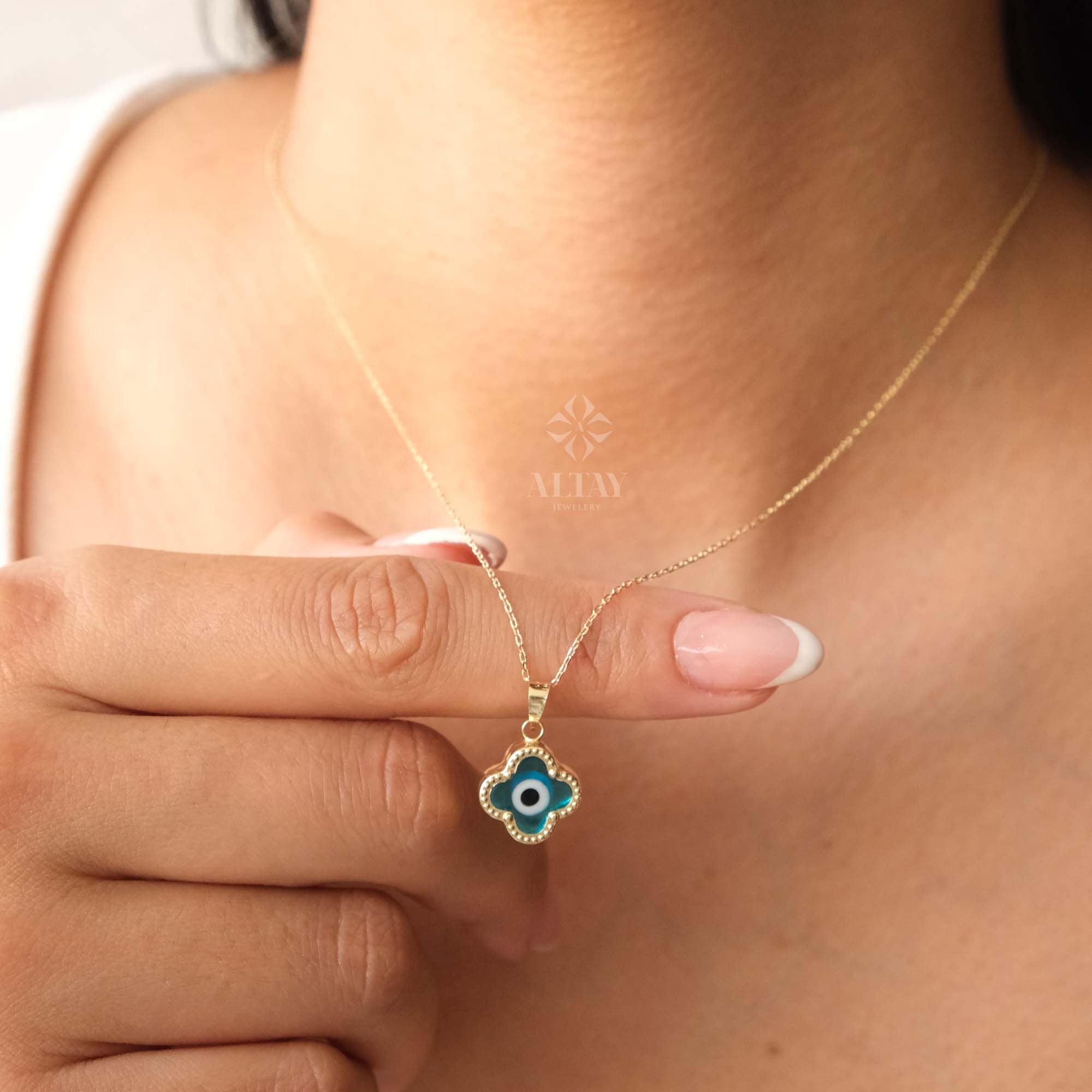 14K Gold Evil Eye Necklace, Clover Evil Eye Necklace, Evil Eye Charm Pendant, Hamsa Nazar Necklace, Lucky Clover Necklace, Women Necklace