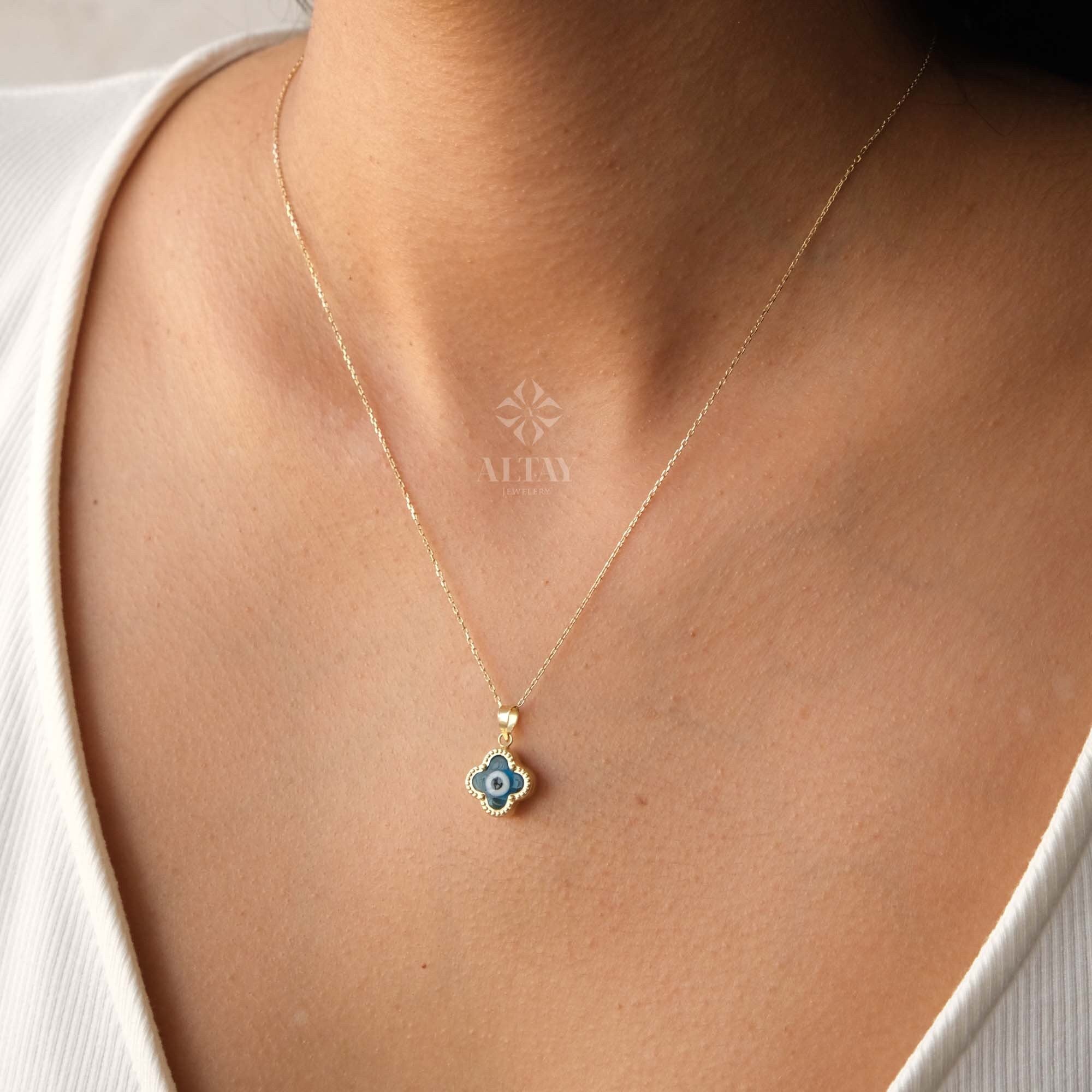 14K Gold Evil Eye Necklace, Clover Evil Eye Necklace, Evil Eye Charm Pendant, Hamsa Nazar Necklace, Lucky Clover Necklace, Women Necklace