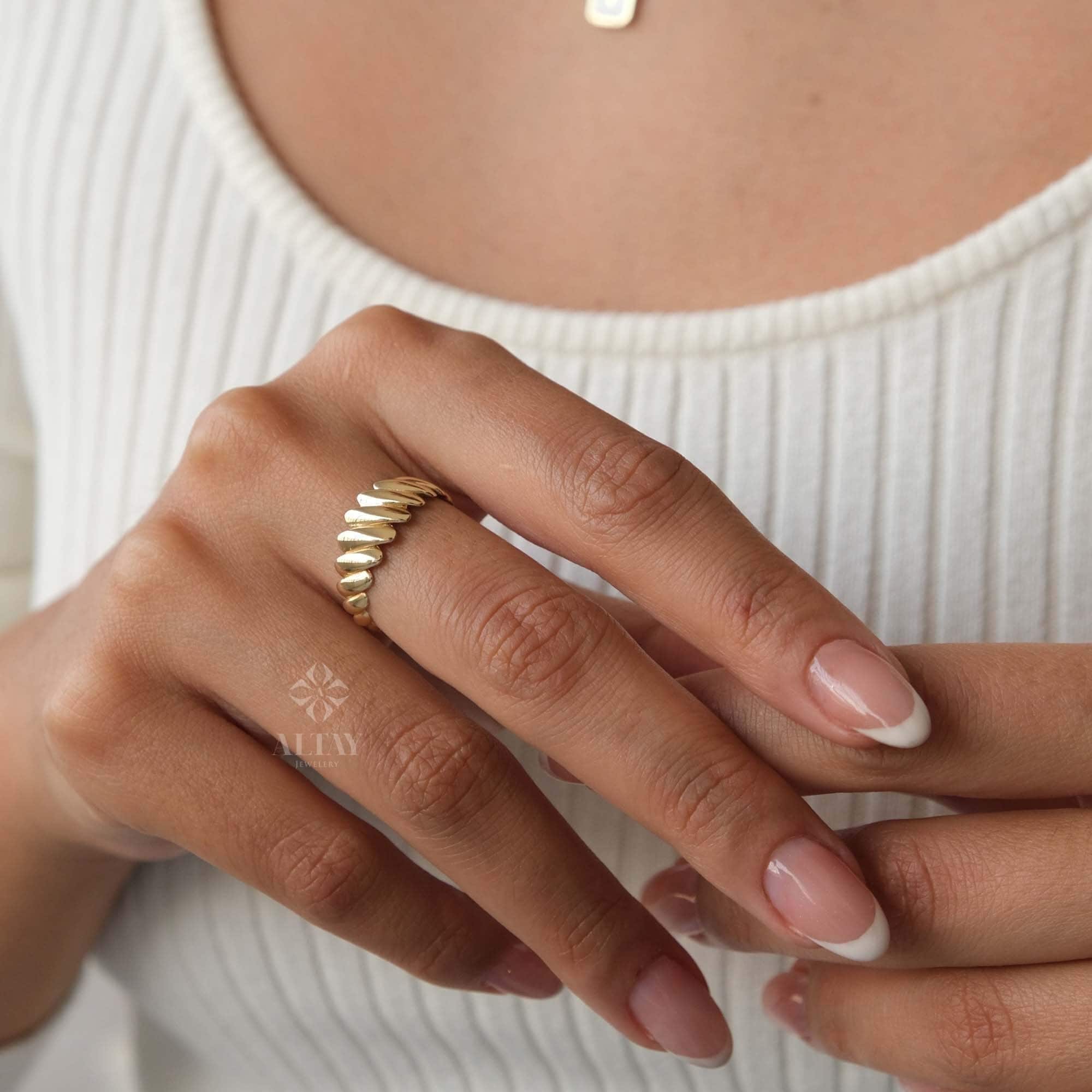 14K Gold Croissant Ring, Dome Croissant Ring, Chunky Bubble Ring, Braided Dome Stacking Ring, Twisted Rope Ring, Thick Statement Ring