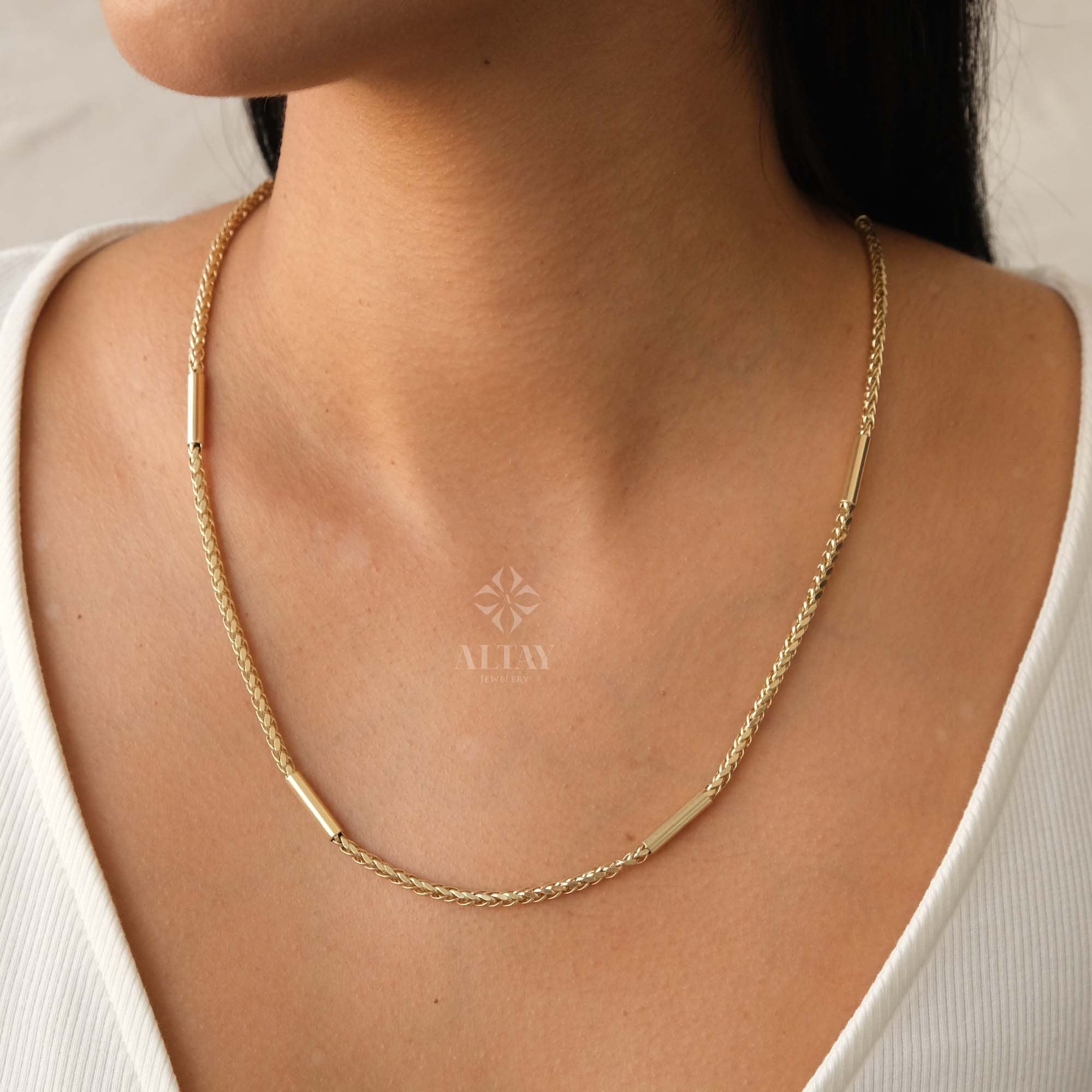 14K Gold Palm Franco Chain Necklace, Tube Chain Necklace, Cylinder Long Tube Chain, Chunky Chain Foxtail, Spiga Palm Wheat Pendant Chain