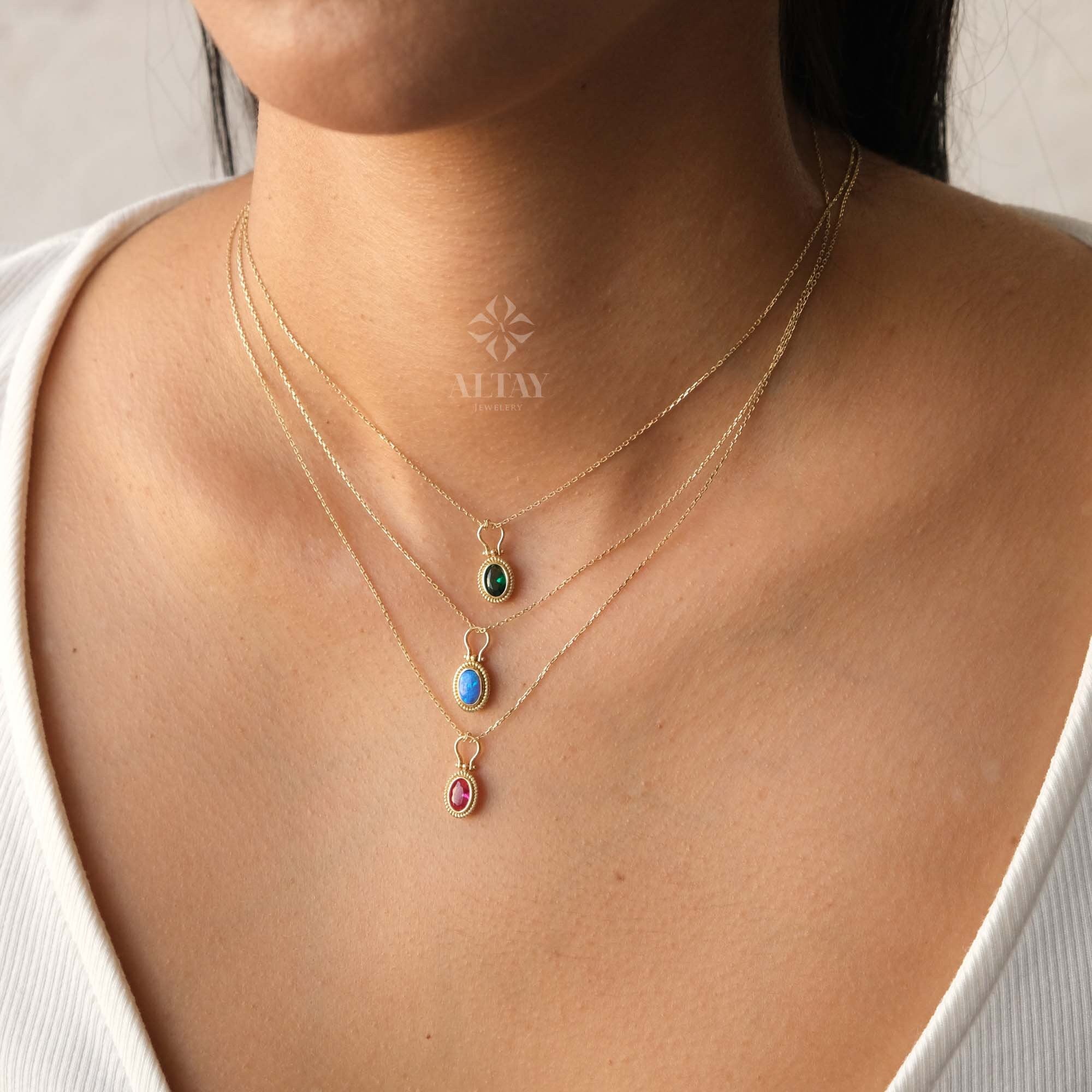 14K Gold Birthstone Necklace, Oval Shape Opal Pendant, Dainty Custom Gold Necklace, Layering Gemstone Necklace, Emerald Stone Moms Gift