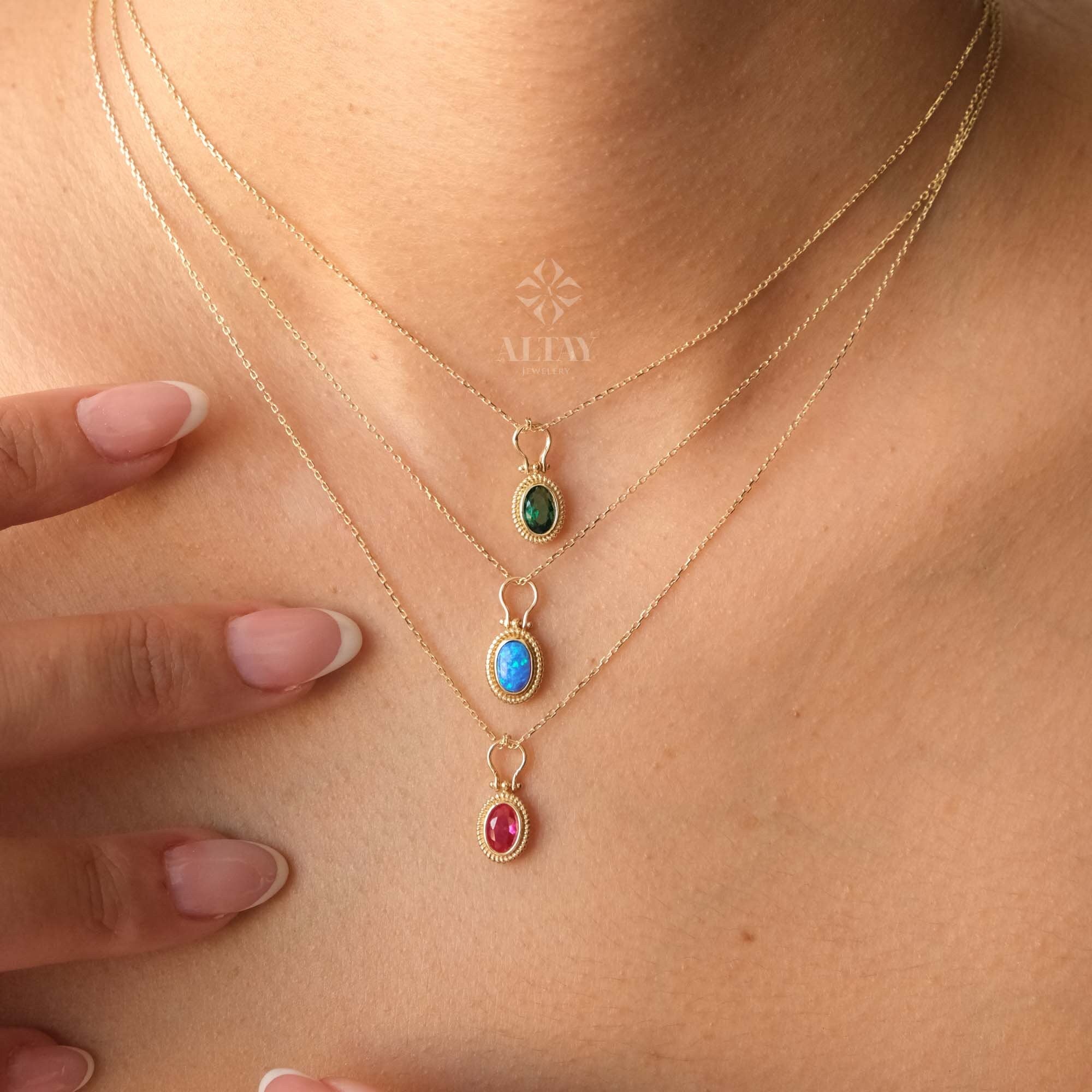 14K Gold Birthstone Necklace, Oval Shape Opal Pendant, Dainty Custom Gold Necklace, Layering Gemstone Necklace, Emerald Stone Moms Gift